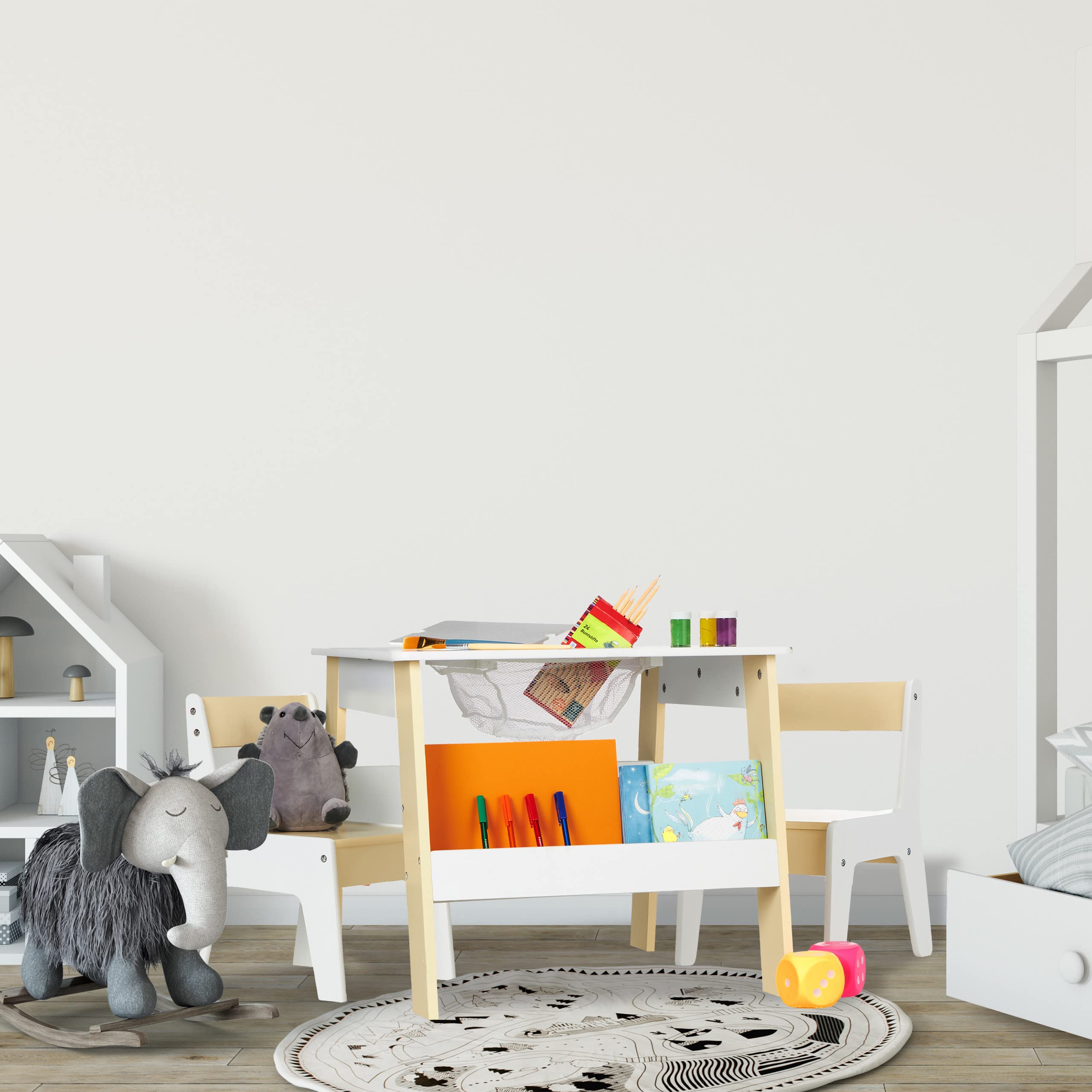 Relaxdays Ensemble mobilier Enfants, Table, 2 chaises, rangements, Mixte, Coin Salon Chambre d'enfant, Blanc-Beige