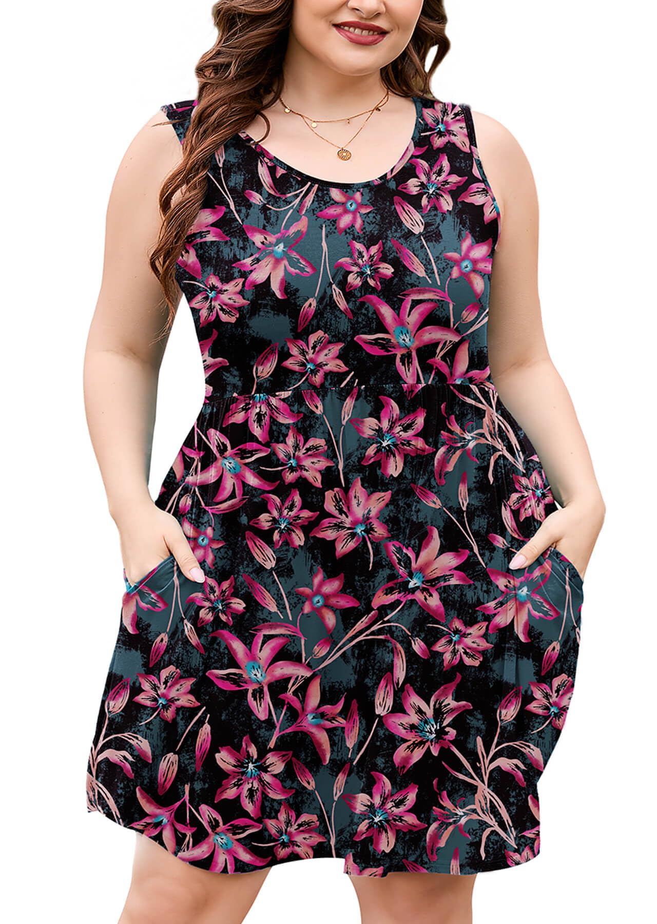 AusLook Plus Size Summer Tank Dress for Women Casual Sleeveless Crewneck Pleated Babydoll Swing Sundresses with Pockets 1X-5X