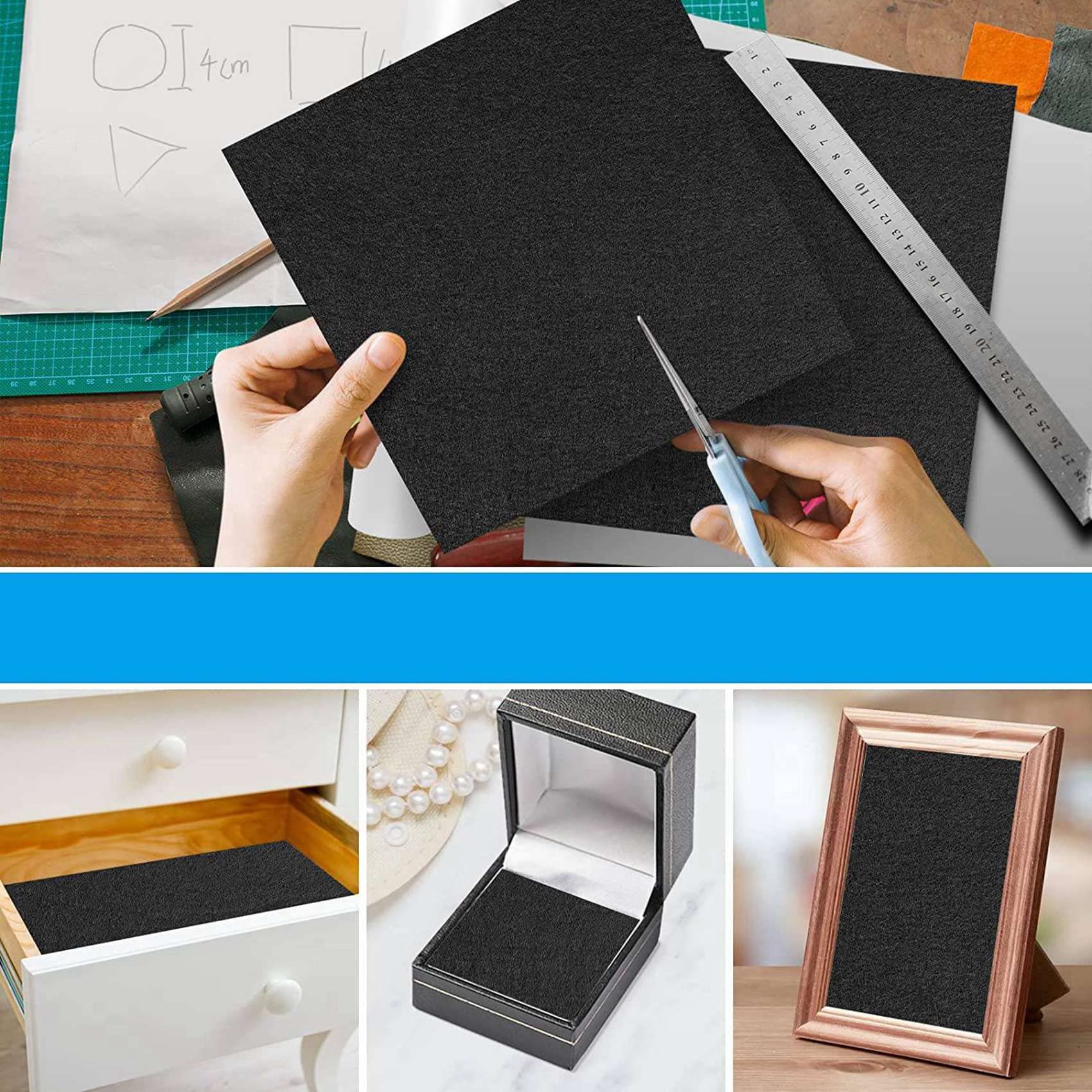 4X Deslizadores de Fieltro Autoadhesivos, 40 x 150 cm, Almohadillas de Fieltro Autoadhesivas, Deslizadores de Muebles, Cinta Adhesiva Multiusos Negro
