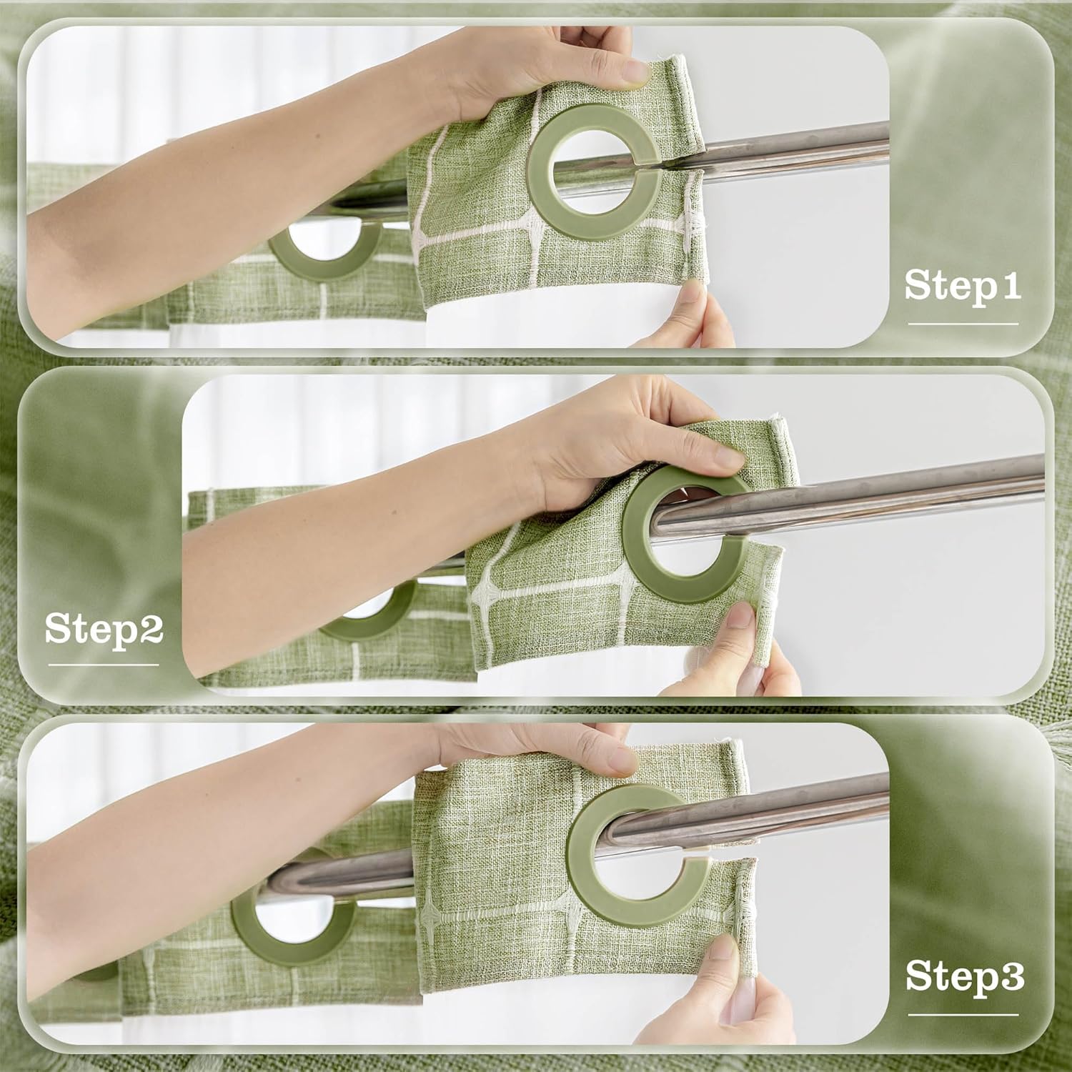 River Dream Sage Green Farmhouse Shower Curtain with Snap-in Liner, No Hooks Needed,with Window, with Magnets,with Tassels,Water Repellent&Machine Washable,71x74Inch