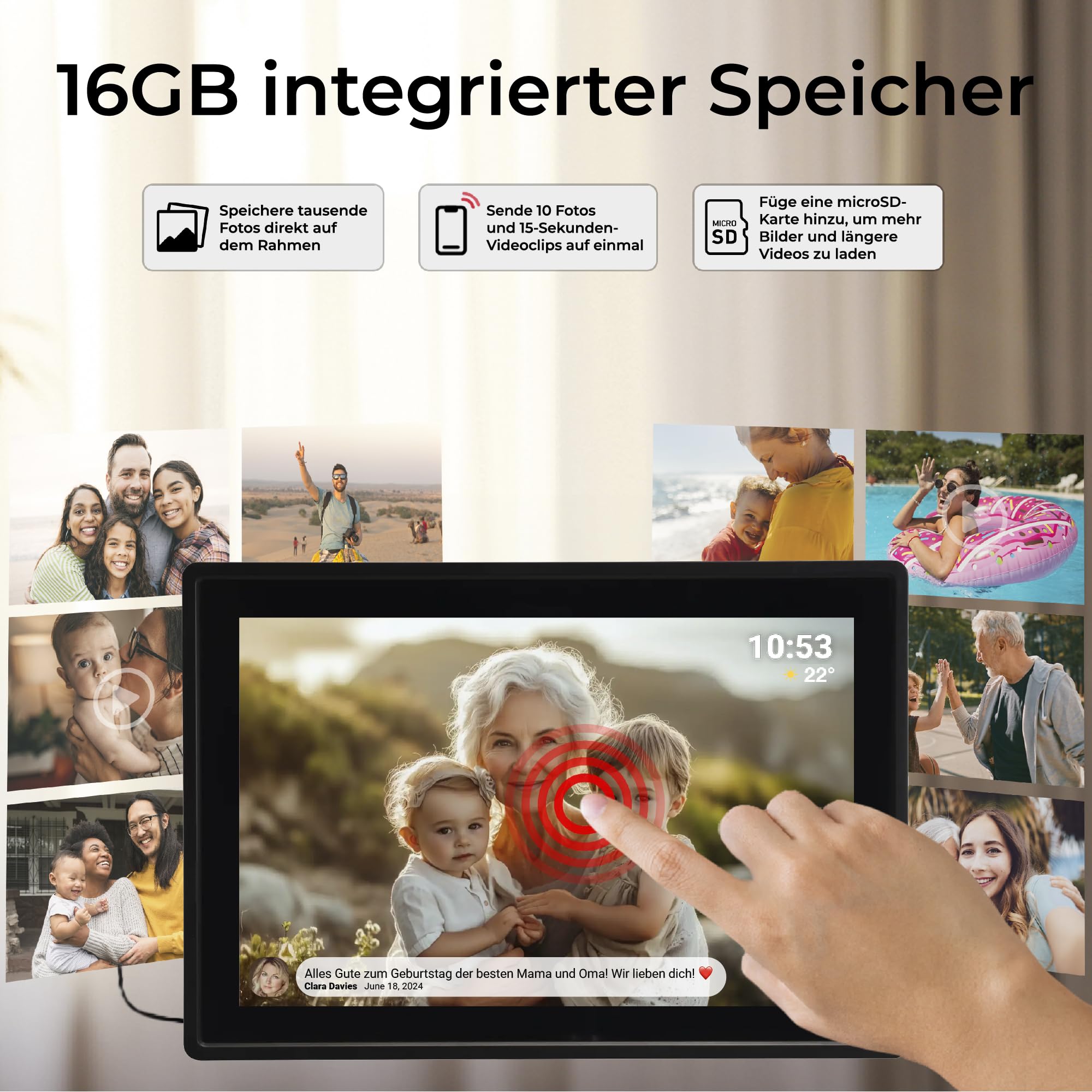 Denver PFF1021 Digitaler Bilderrahmen WiFi 10.1 Zoll, Elektronischer Bilderrahmen 16GB mit FRAMEO App, IPS Touchscreen, Auto-Rotate, Micro SD Slot, Schwarz | Bilder per Handy, SD-Karte
