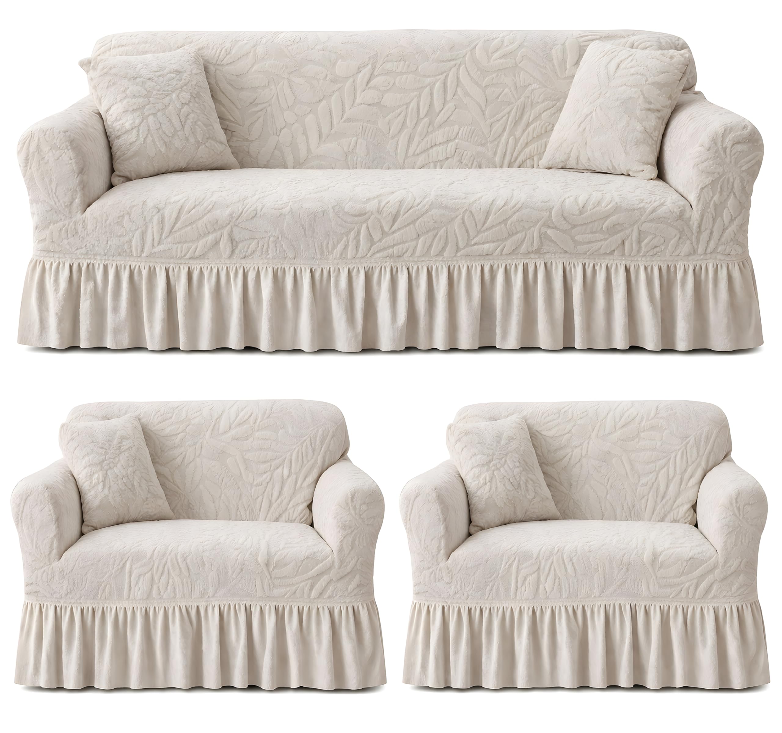 Super Gold Stretch Sofa Cover with Skirt, Soft Textured Couch Slipcover, Non-Slip Elastic Furniture Protector, Washable Sofa Cover for 1/2/3 Seater (Cream/Beige)-image-34