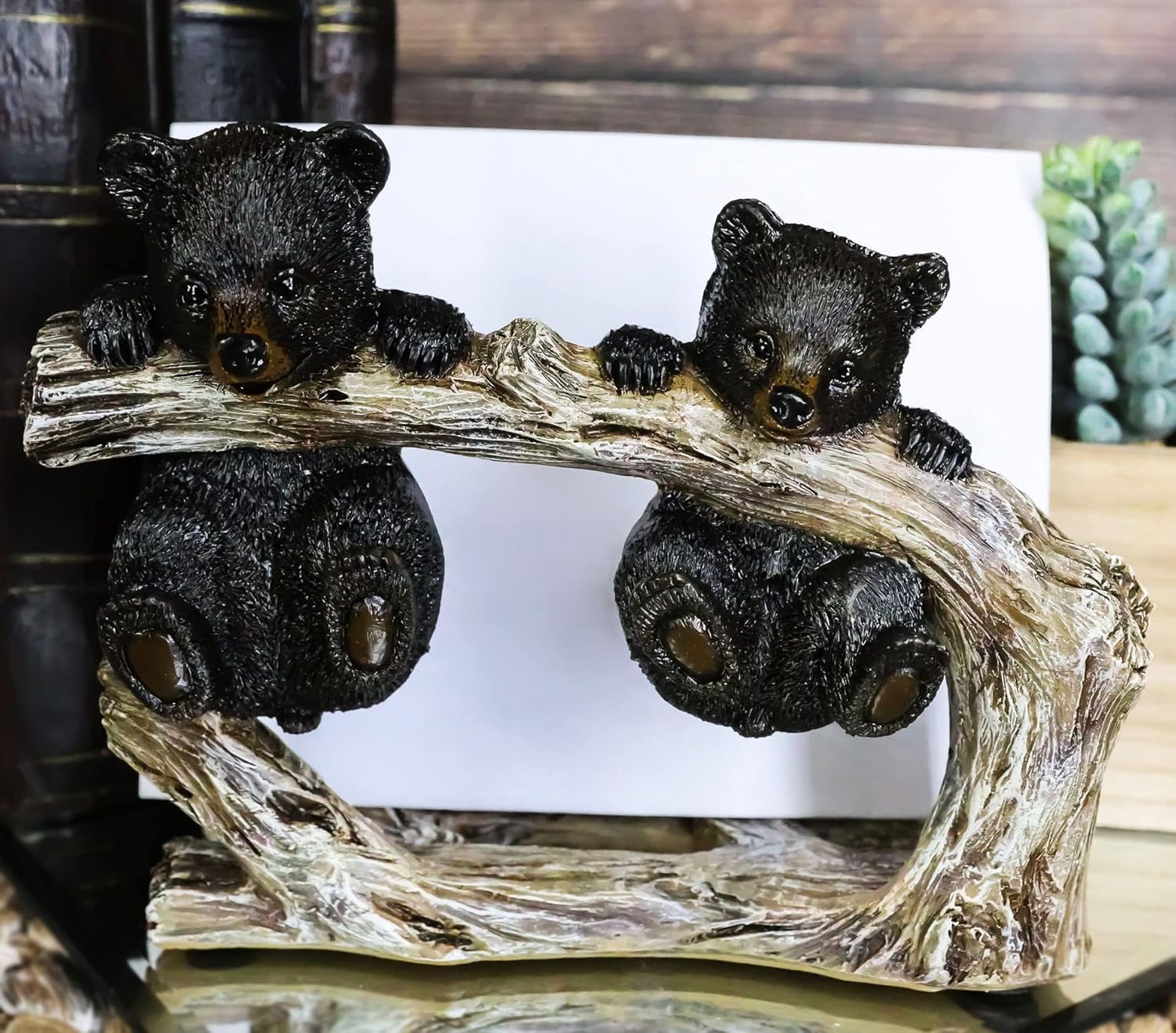 Ebros Rustic Forest 2 Black Bear Cubs Hanging On Tree Branch Kitchen Paper Napkin Holder Figurine 5.75"L Country Cabin Lodge Bear Family Decorative Statue