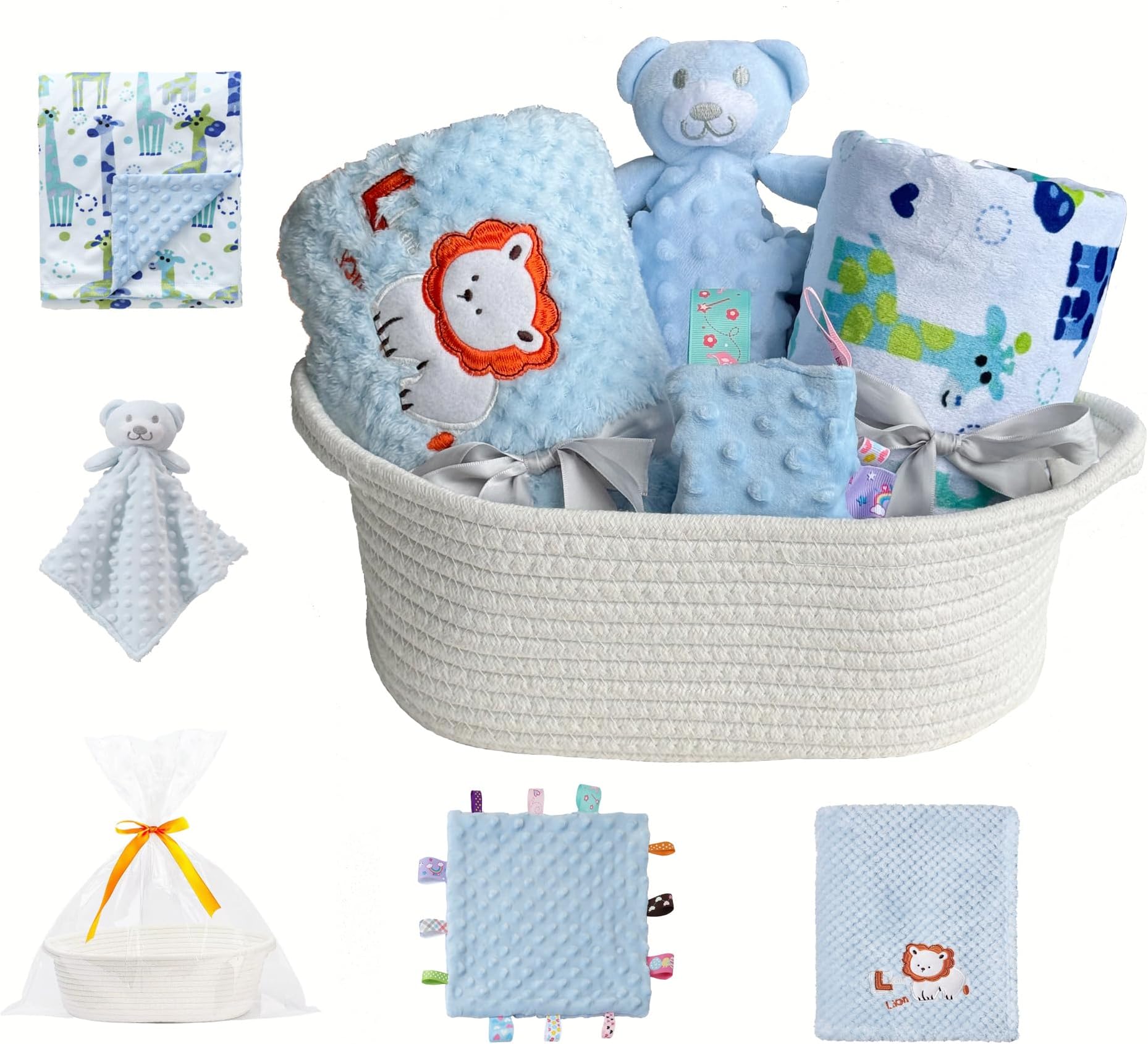 CREVENT Baby Welcome Gift Set Storage Basket with 2 Blankets+ 1 Security Blanket + 1 Taggie + 1 Gift Bag with Ribbon (Blue)