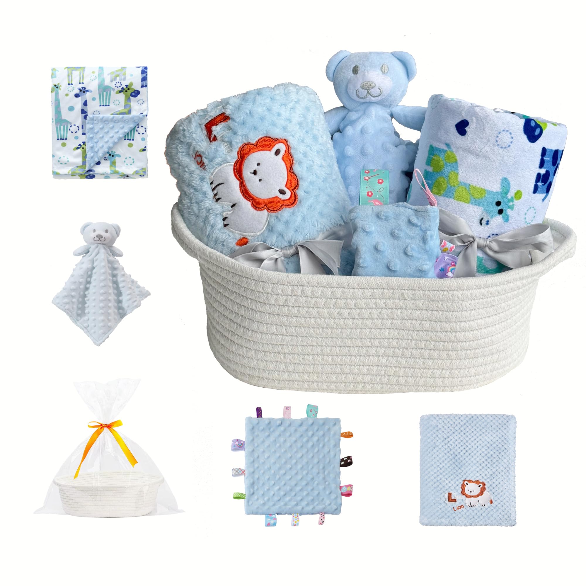CREVENT Baby Welcome Gift Set Storage Basket with 2 Blankets+ 1 Security Blanket + 1 Taggie + 1 Gift Bag with Ribbon (Blue)OEKO-TEX STANDARD 100