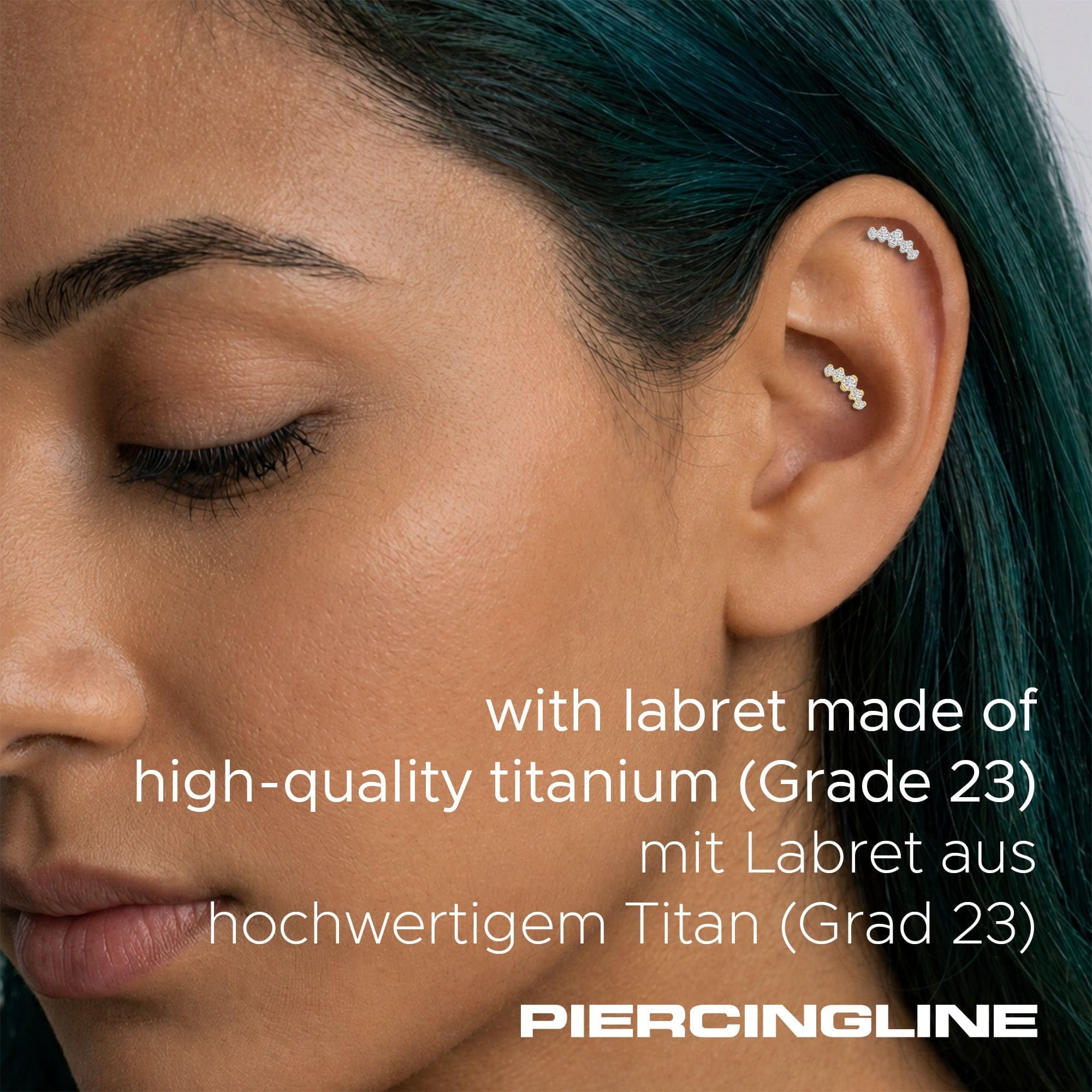 PIERCINGLINE Piercing Stecker Titan Labret mit Innengewinde + 925er Silber Aufsatz MOISSANIT-BOGEN - Goldfarben, Silberfarben