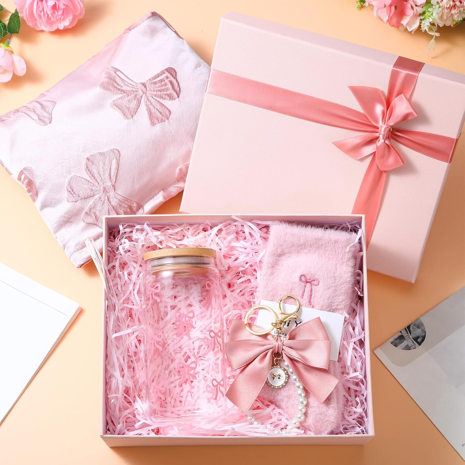 Baderke 5 Pcs Coquette Bow Gift Set for Women Includes 16 oz Glass Cup, Socks, Makeup Bag, and Keychain in a Pink Box for Bow Birthday Bridal Shower Mother's Day Party Supplies