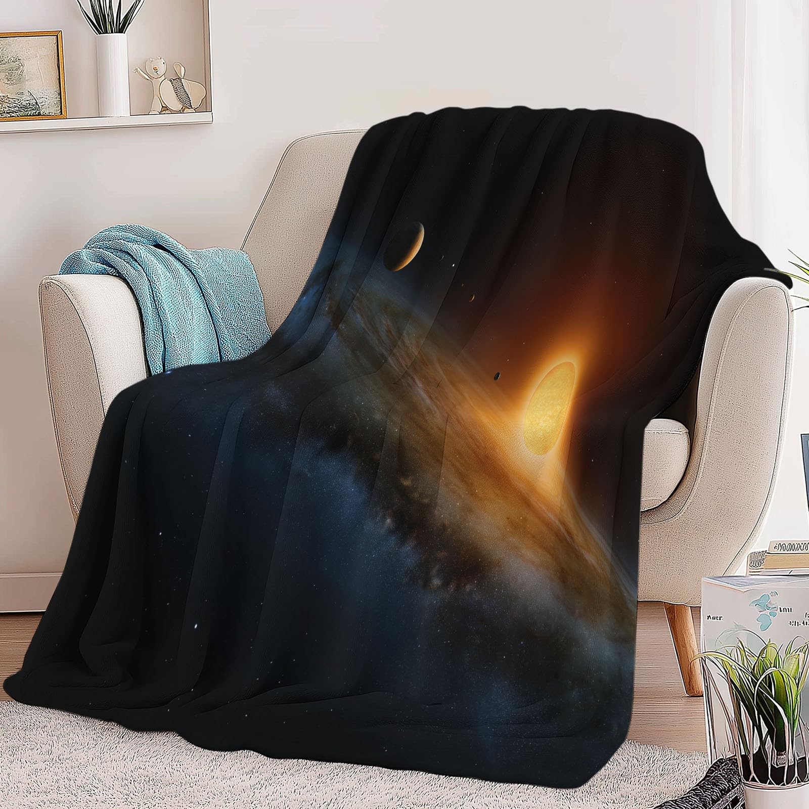 Ciepły flanelowy koc typu sherpa fantasy galaktyka i gwiazdy, 221 x 239 cm, miękki, przytulny, ciemnobrązowy, pluszowa, flanelowa, polarowa, 220 x 240 cm, dla dziewcząt, dzieci, dorosłych, na kanapę