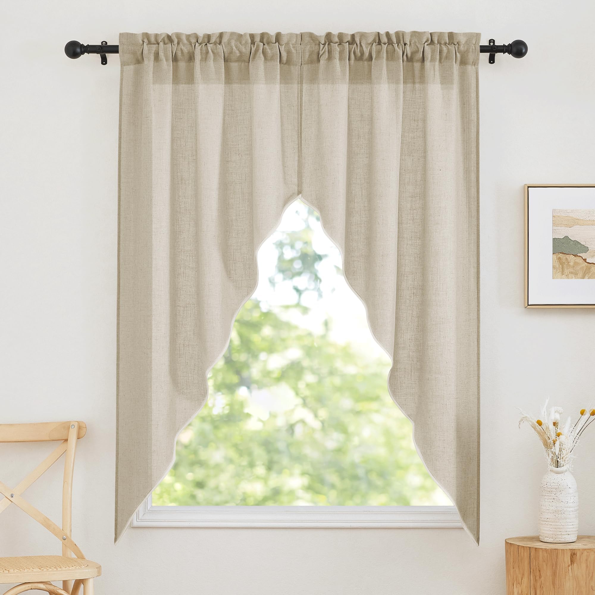 RYB HOME Curtain Tier and Swag Set, Privacy Sheer Curtains Window Treatment Drapes Light & Airy Voile Panels for Bedroom/Kitchen/Farmhouse Garden, 36 x 63-inch Each, 2 Pcs, Beige