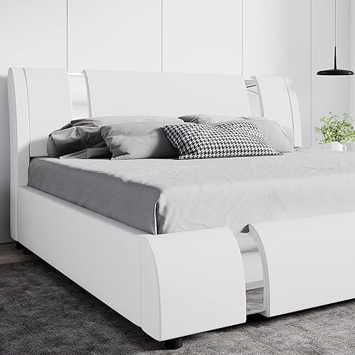 SHA CERLIN Base de cama de plataforma Queen con decoración de piezas de hierro y cabecera ajustable, cama moderna tapizada de lujo con soporte de