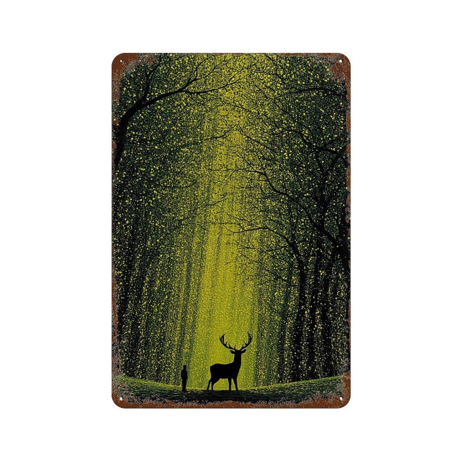 xiaoxiaoshen Moody Forest Stag Dark Green Woodland Nature Atmospheric Modern Storybook Wall Decor Art Metal Tin Poster Modern Home Decor Art Home Bar Shop Decorations Vintage Sign 30x20cm