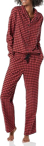 Tienda Essentials Conjunto de pijama de franela de manga larga con botones delanteros y pantalón para mujer