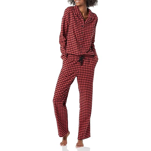 Amazon Essentials Women's Flannel Long-Sleeve Button Front Shirt and Pant Pajama Set, Black White Leopard Print, Large