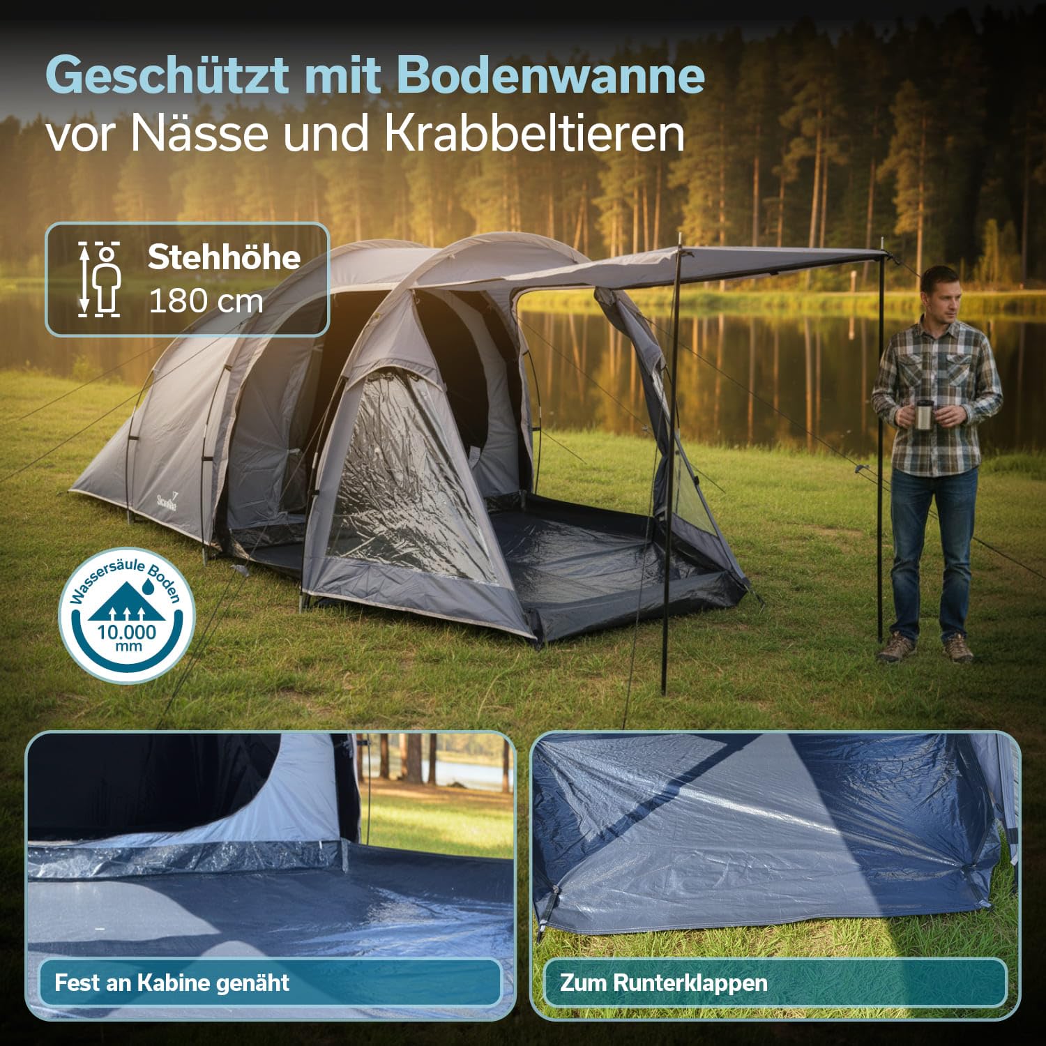 Skandika Tunnelzelt Helgver Sleeper | Festival Zelt für 3-4 Personen, großer Vorraum, Sleeper Technology, wasserdicht, 3000 mm Wassersäule, Schwarze Schlafkabine | Zelt Festival, Camping