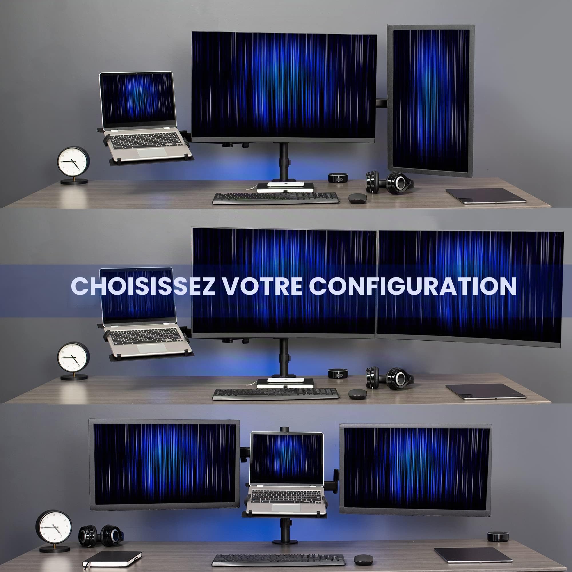 Vivo Support Double écran + Support pour Ordinateur Portable de 13 à 27" et Ordinateurs Portables de 10 à 15,6", Triple écran, Bras articulés, Noir, STAND-V013L