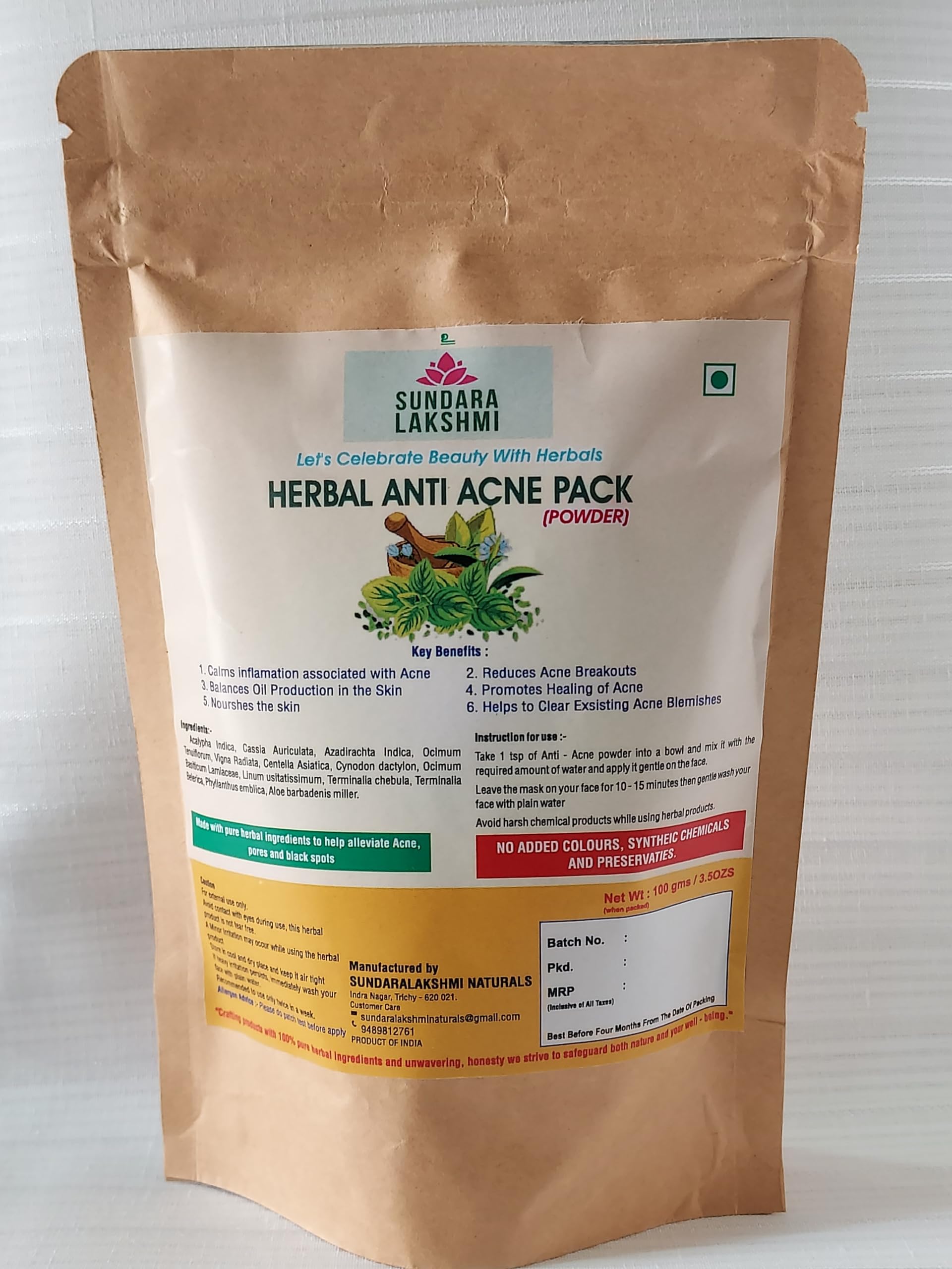 SUNDARA LAKSHMI - Herbal FACE Acne/Pimple/white heads Healer Pack. (100grams Powder)(Anti Acne) FOR ACNE FREE FACE.