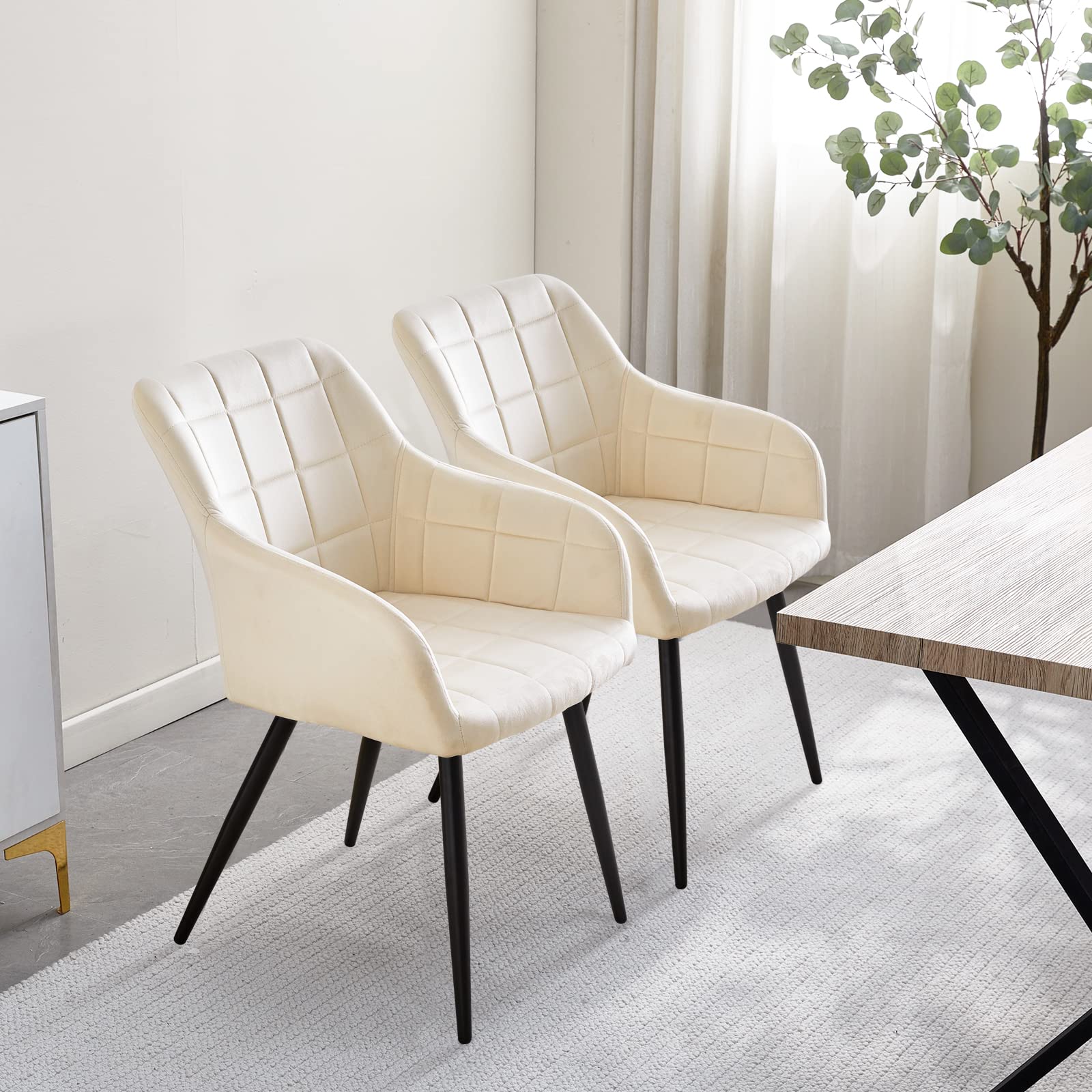 TUKAILAi Juego de 2 Sillas de Comedor Terciopelo con Reposabrazos, Silla Cocina Ergonómicos con Patas Metálicas, Sillón Tapizado Moderna en Tela para Salón (Beige)