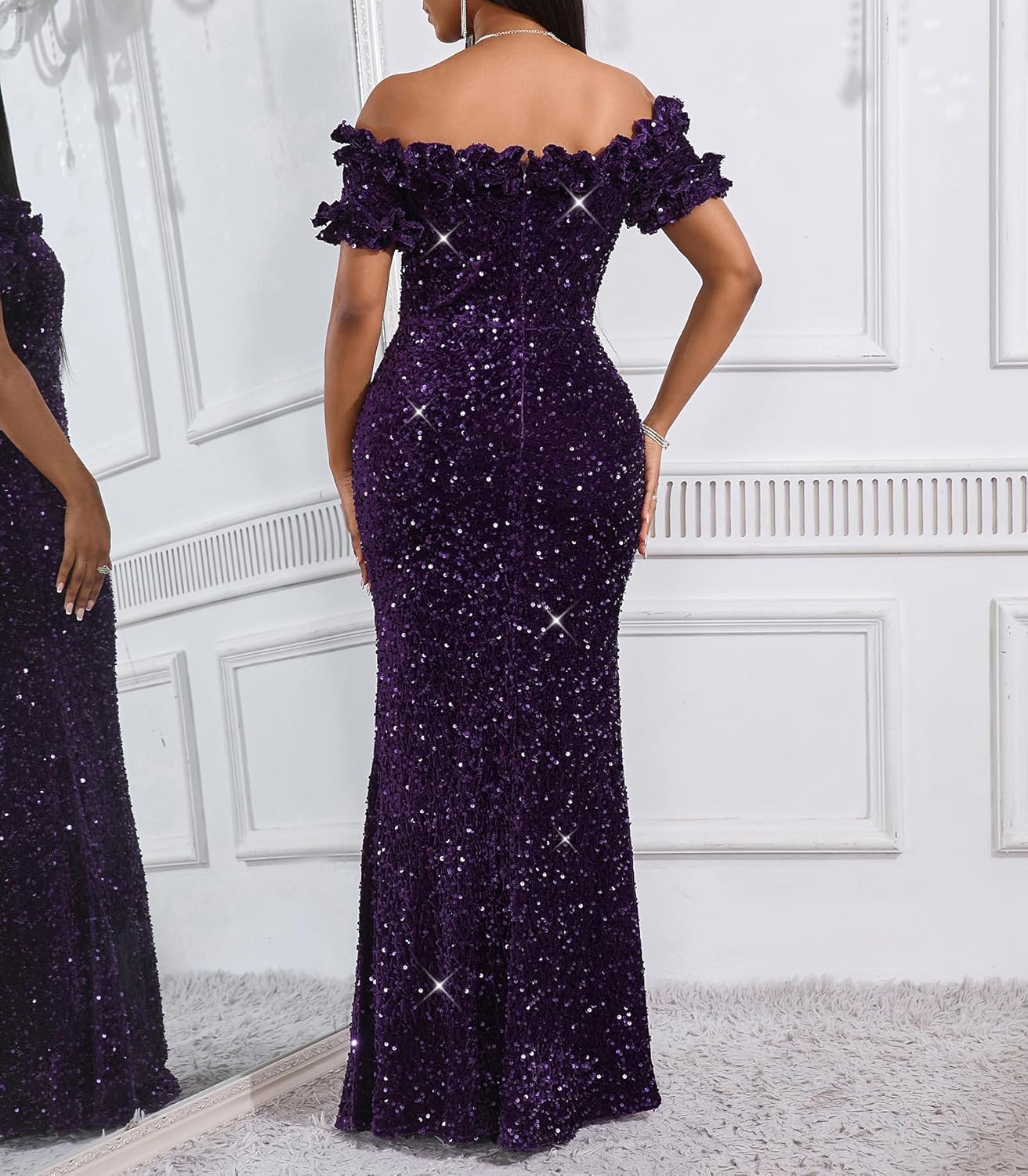 Women Sexy Sequin Off Shoulder Ruffle Short Sleeve Bodycon Mermaid Party Formal Evening Maxi Dress - Image 3