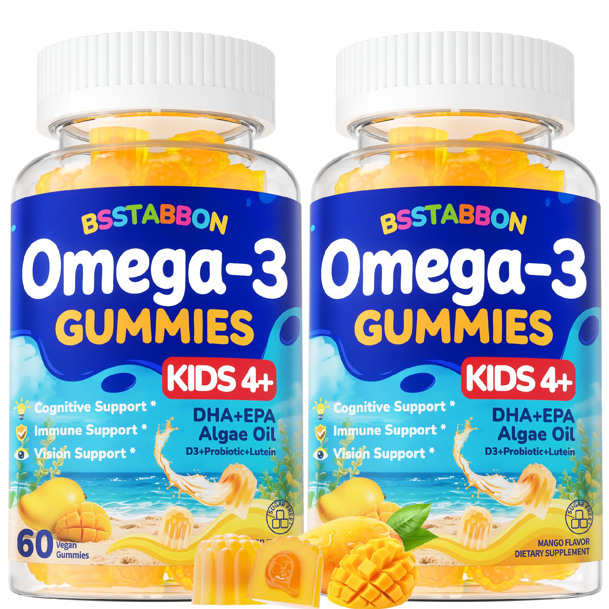 BSSTABBON Gomas de Ômega-3 Veganas com DHA e EPA, Vitaminas D3, B6, B12 e C, Magnésio, Zinco, Probióticos e Luteína, 120 gomas