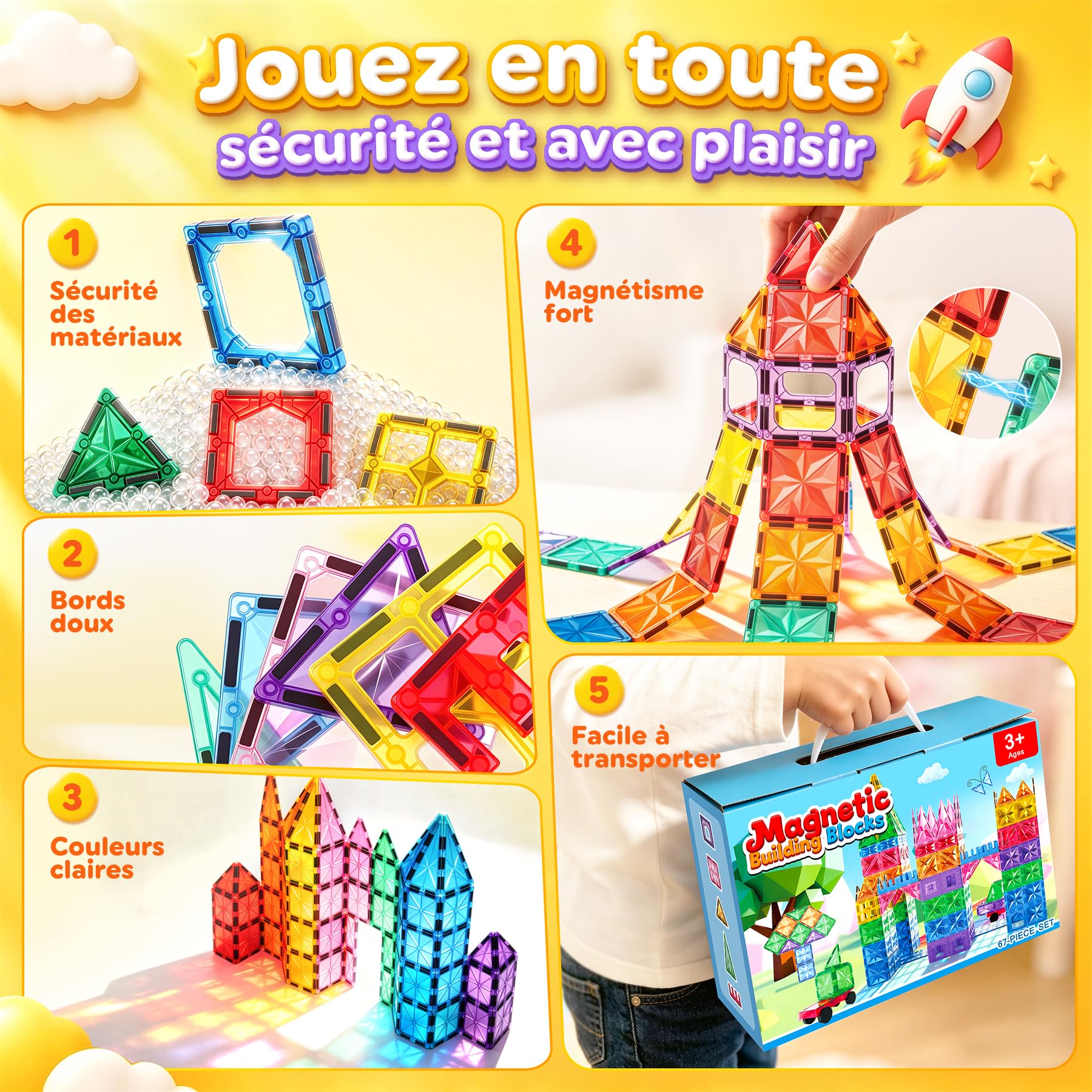 Bloc Magnétique Enfant, Construction Montessori STEM Cadeau 3-5 Ans