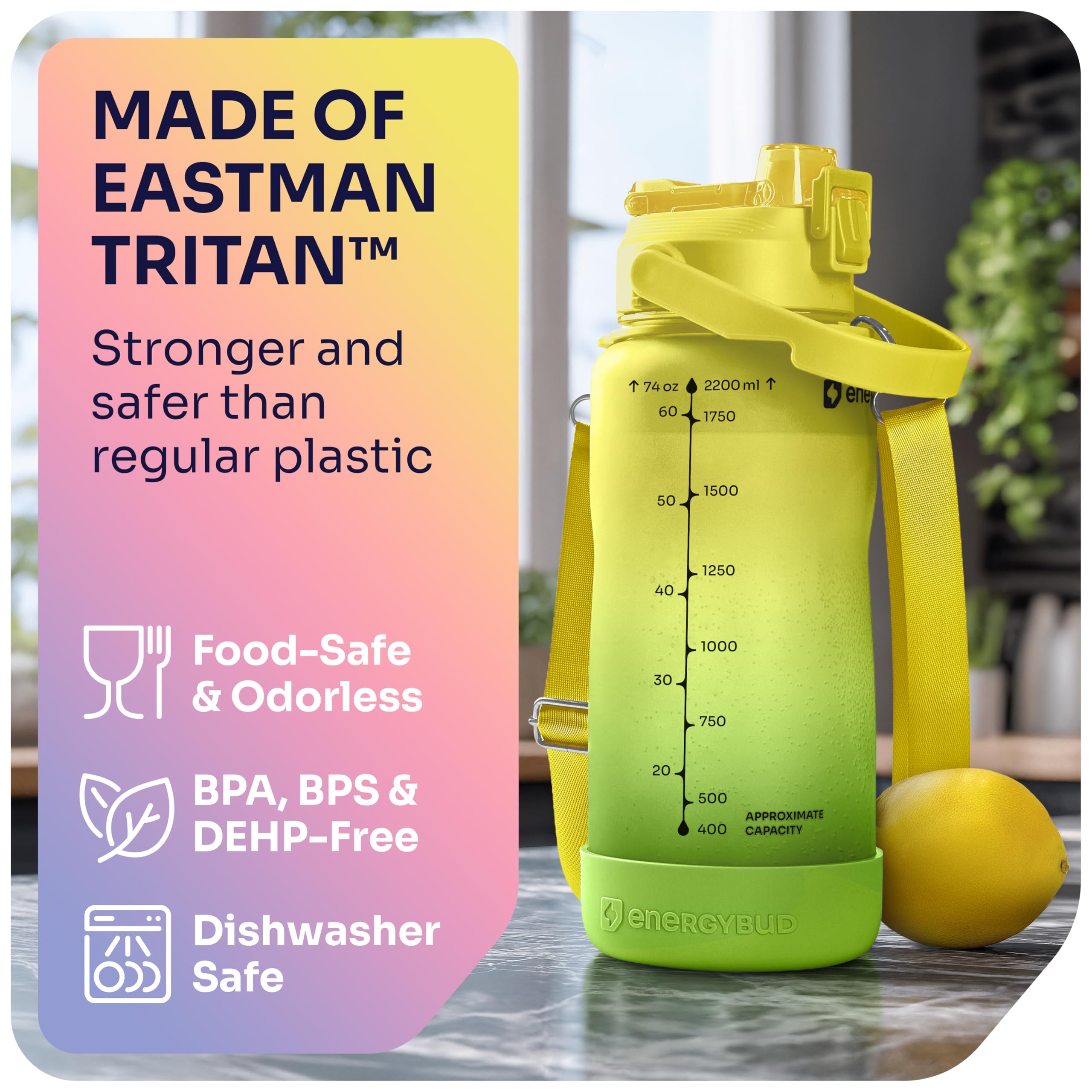 2,2 l Wasserflasche, große Fitness-Wasserflasche für Männer und Frauen, mit 2 Trinkhalmen, kein BPA, BPS, DEHP, Tritan-Material | spülmaschinenfest, verstellbarer Riemen, breite Öffnung