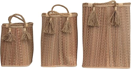 Miniatura 7 de Creative Co-Op Cestas de asas y borlas de pasto marino tejidas a mano de 14.25 pulgadas, 18 y 22 pulgadas (juego de 3 tamaños), multicolor