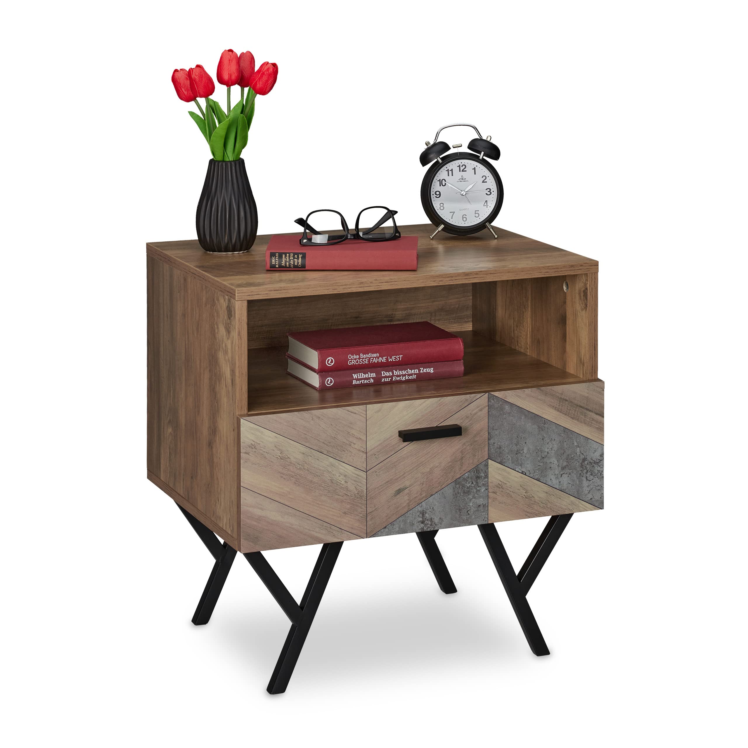 Relaxdays Mesita de Noche, Estilo Industrial, Mesa Cama, Salón o Dormitorio, Mueble Auxiliar, 53 x 50 x 42 cm, Marrón