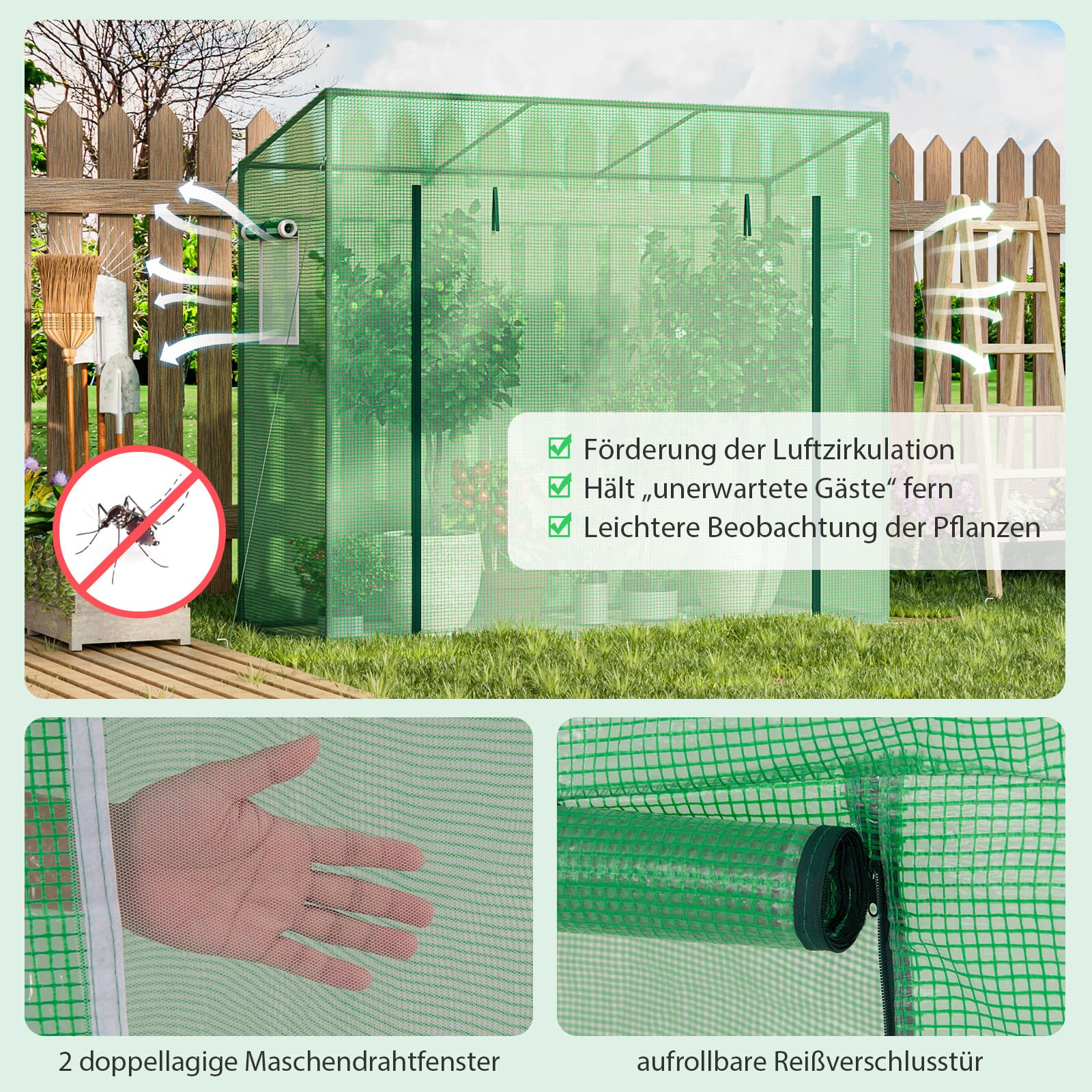 COSTWAY Gewächshaus, Foliengewächshaus mit aufrollbarer Tür & 2 Netzfenstern, Tomatenhaus mit PE-Abdeckung, Treibhaus für Tomaten, Tomatengewächshaus Metallrahmen, Grün, 200x77x169cm