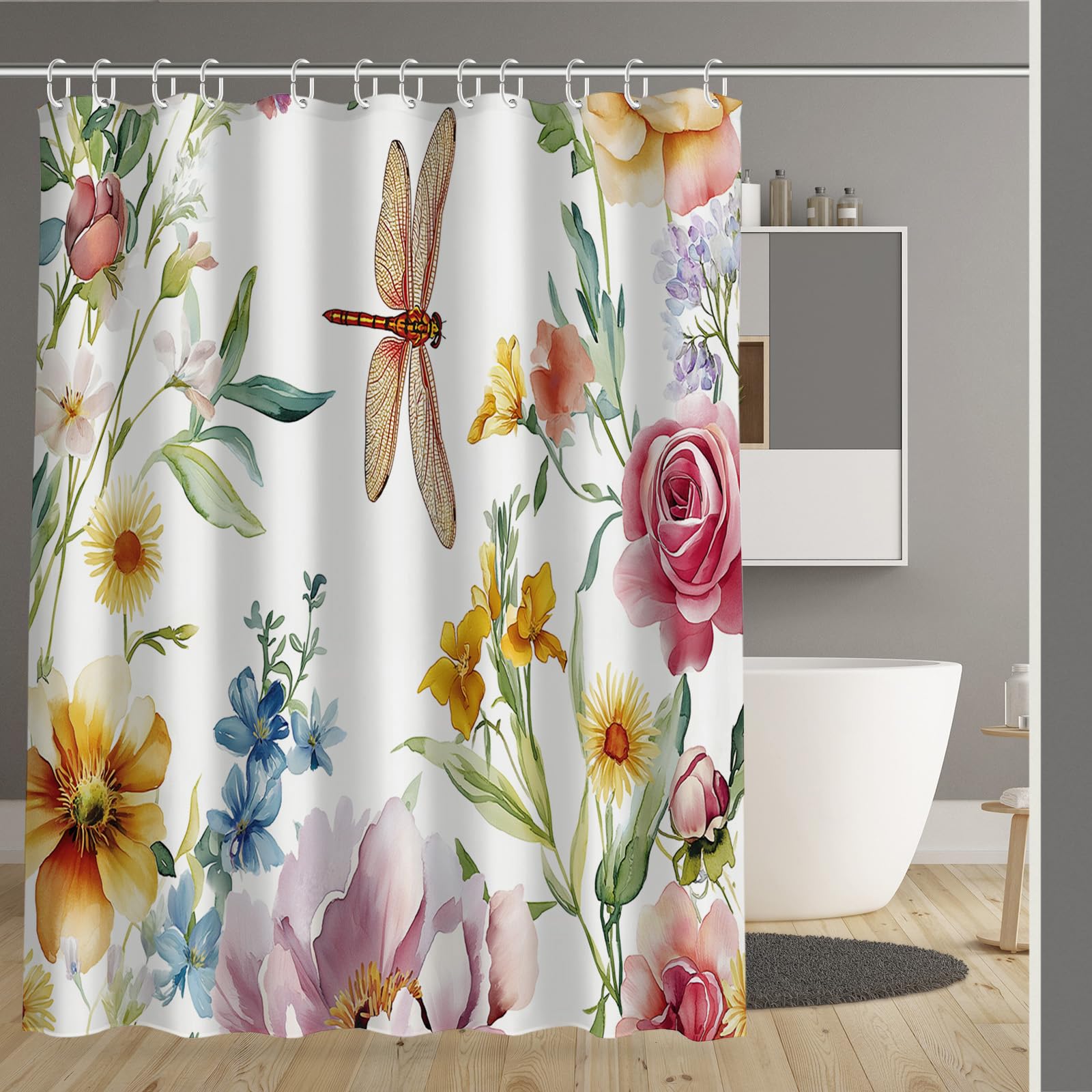Rideau de douche libellule 180x200 en polyester lavable pour baignoire moderne