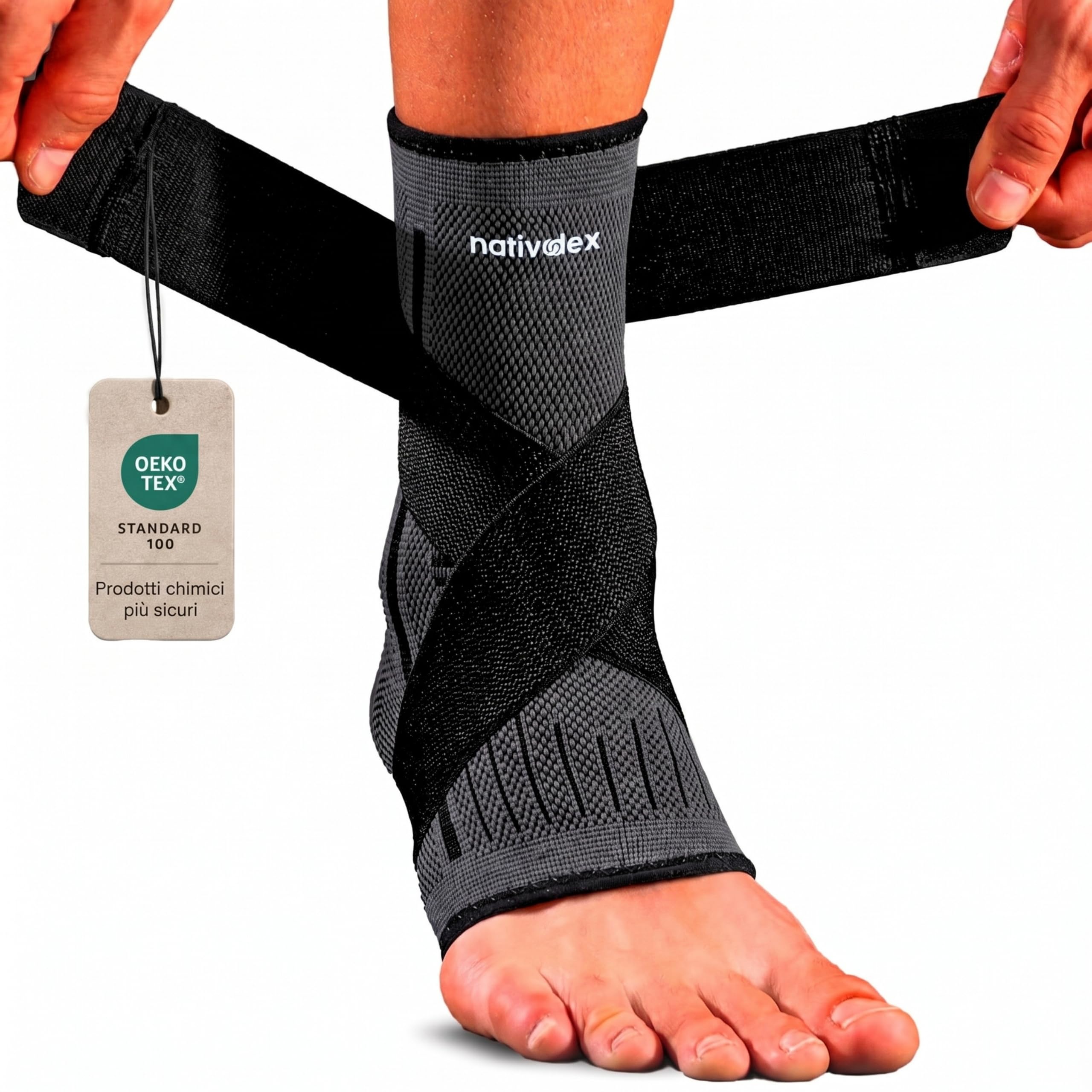 NativoDex Cavigliera Sportiva per Distorsione, Tutore Ortopedico | Fascia Elastica Regolabile con Straps · Ideale per Calcio e Corsa · Tendine d'Achille e Fascite Plantare · Per Uomo e Donna