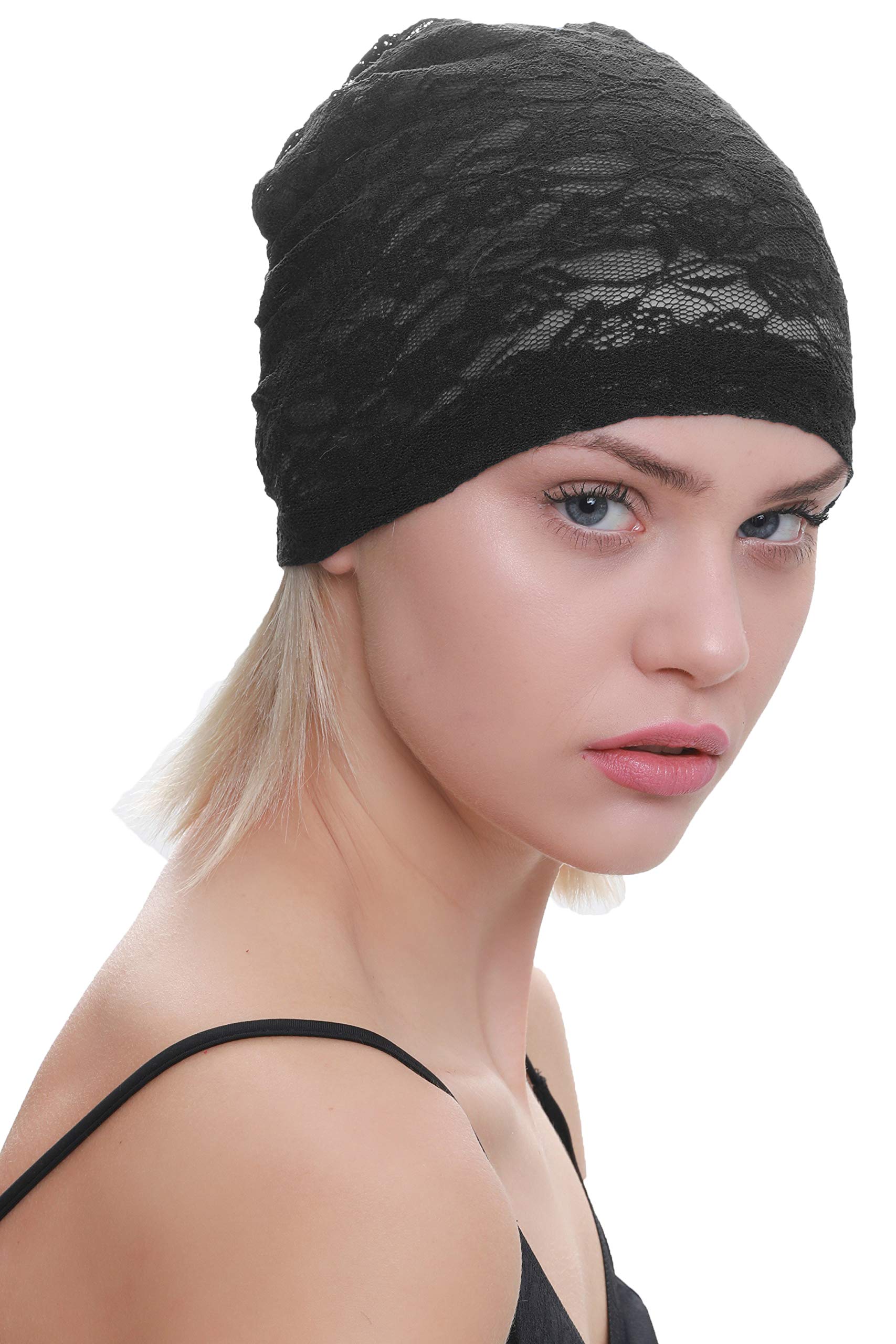 Deresina Headwear Women's Black Embroided Lace Cap For Chemo, Cancer, Hair Loss (Black)