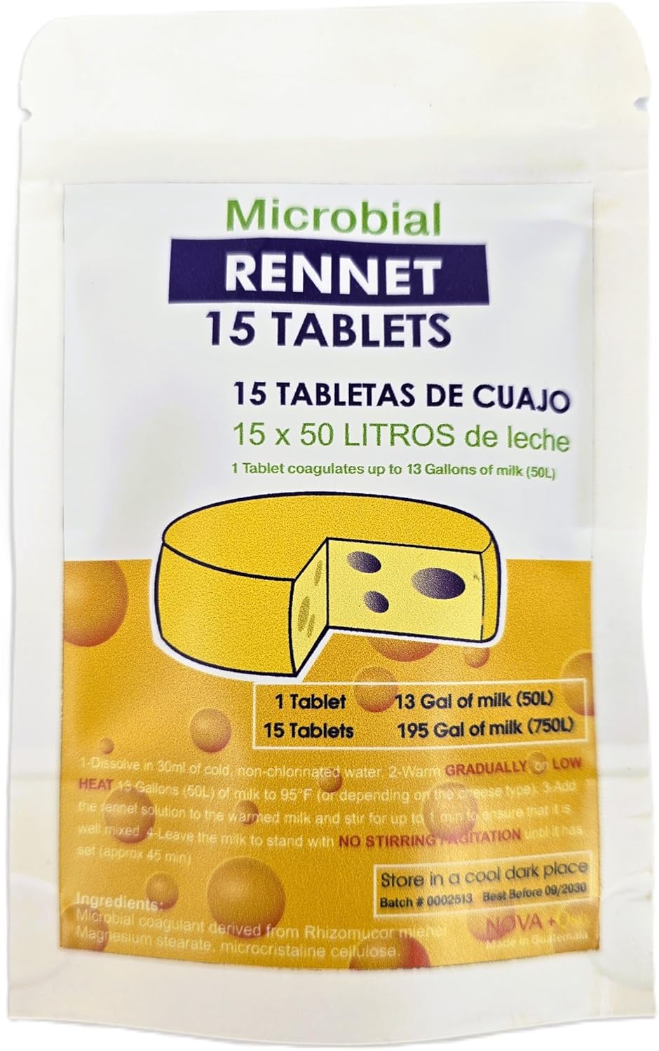 Rennet Tablets – 15 Microbial Tablets – Non‑Animal Coagulant for Cheese Making – Each Tablet for Up to 13 Gallons Milk – Vegetarian Friendly – For any type of cheese Cow, Goat & Sheep Milk