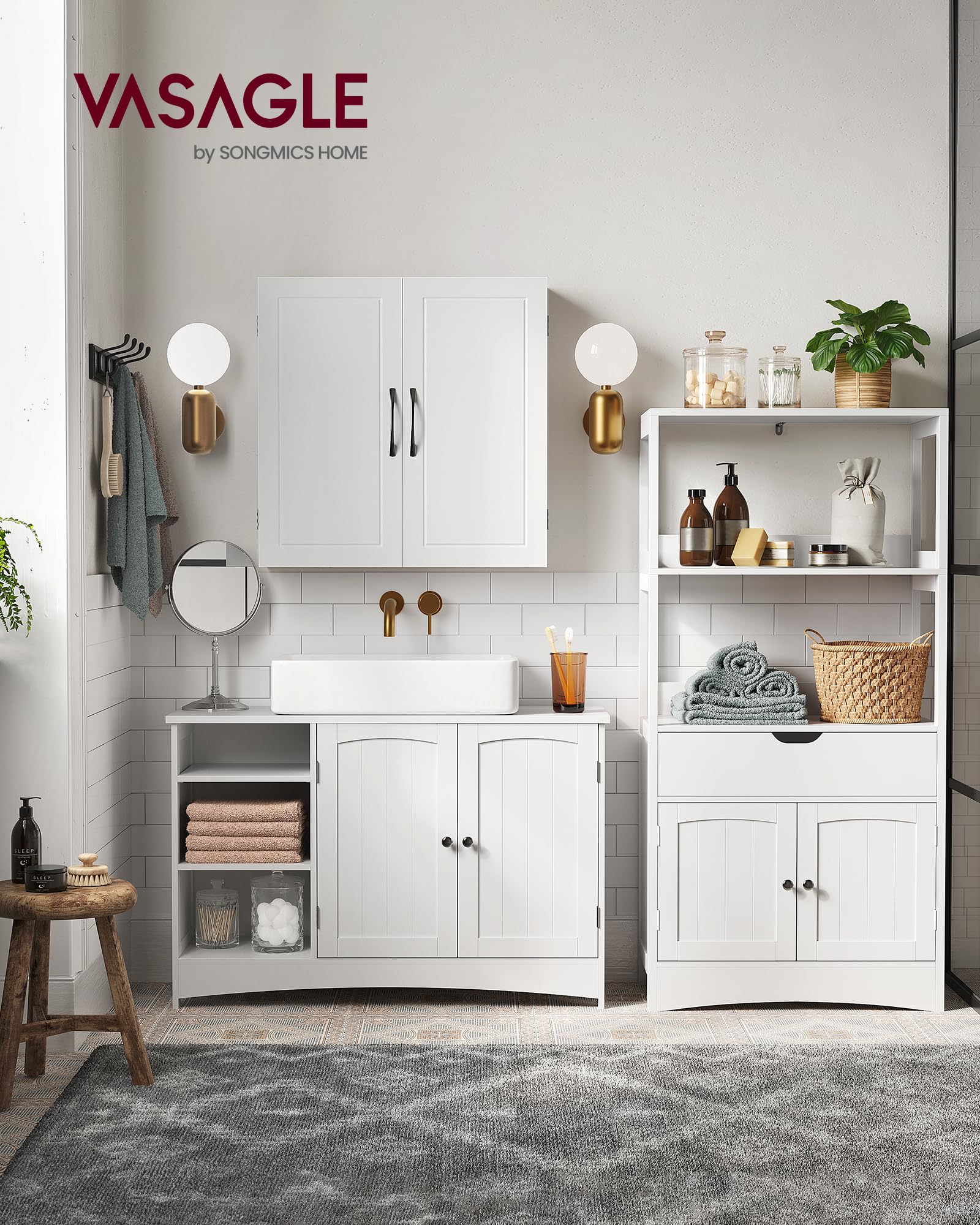 VASAGLE Mobile Sottolavabo, Mobiletto da Bagno, Extra Lungo, 30 x 90 x 60 cm, Armadietto da Bagno con Anta Doppia e Scaffale Aperto, Ripiani Regolabili, Bianco BBC410P31