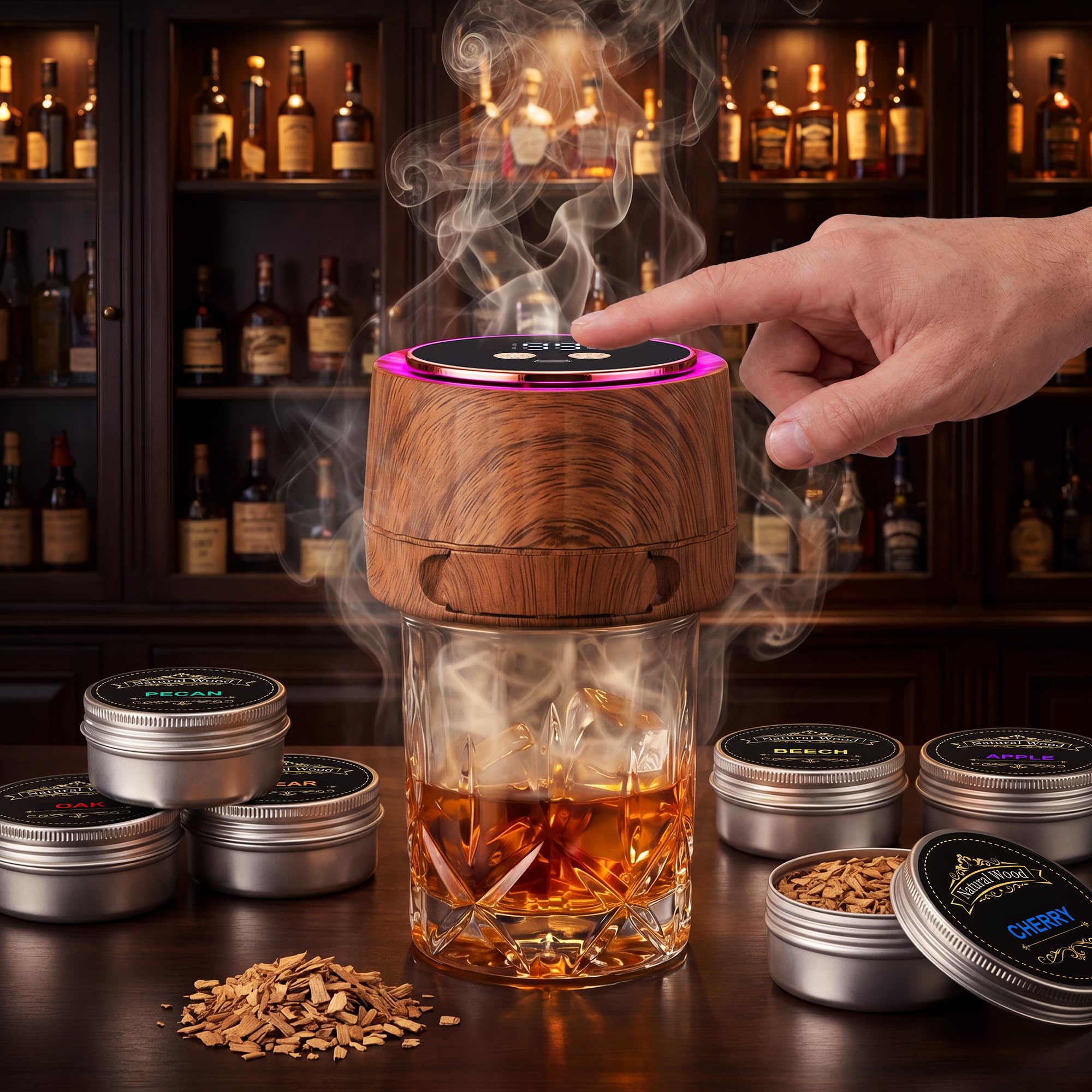 Photo 1 of Electric Whiskey Smoker Kit - Rechargeable Cocktail Smoker with 6 Wood Chip Flavors - Smoke Infuser for Old Fashioned & Bourbon Cocktails - No Butane Needed - Father’s Day Gift for Men (Rich Oak)