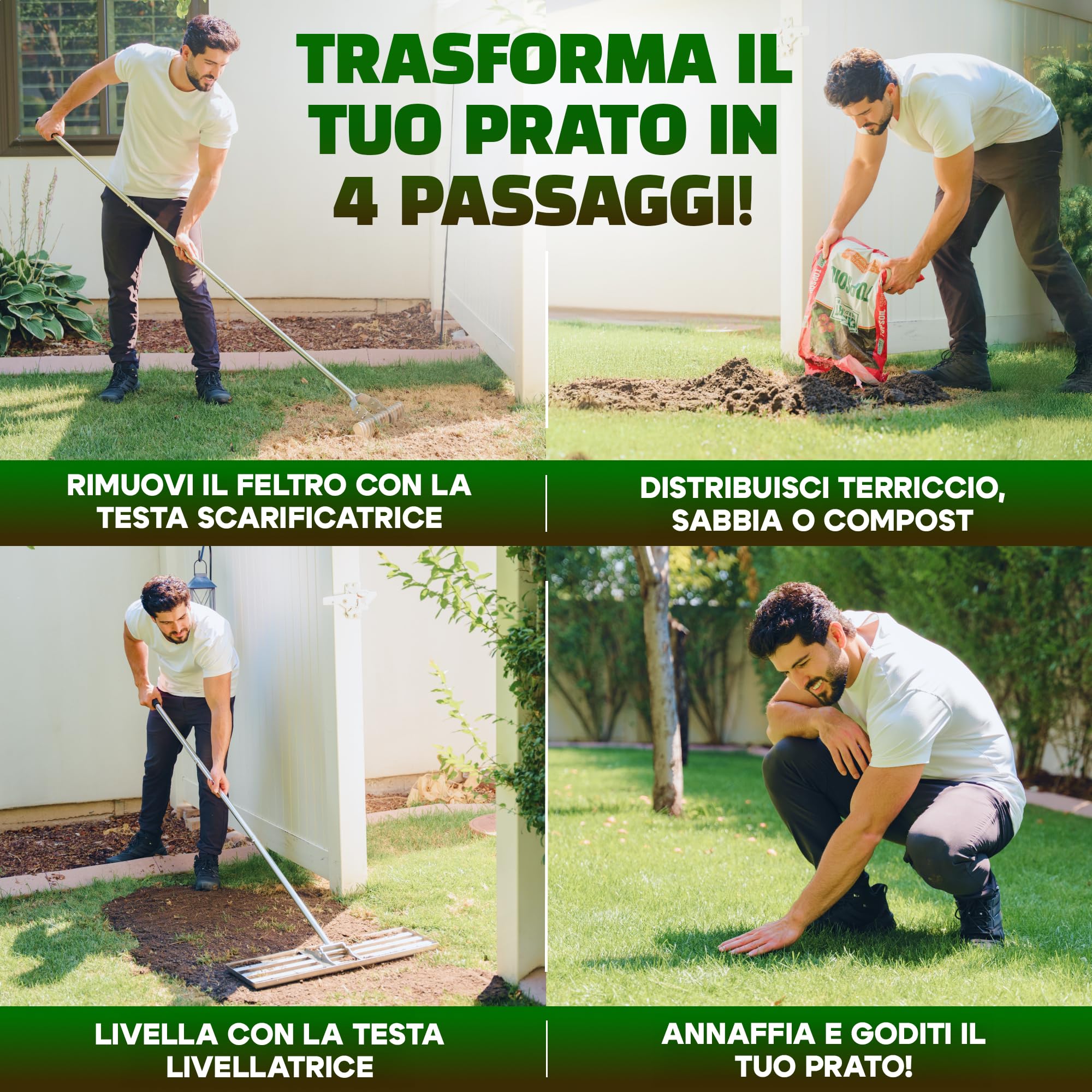 Rastrello Livellatore per Prato 80x30cm + Arieggiatore Prato | 100% acciaio inossidabile - Arieggiatore per prato sarchiatore per erbacce scarificatore per prato togli erbacce livellatore