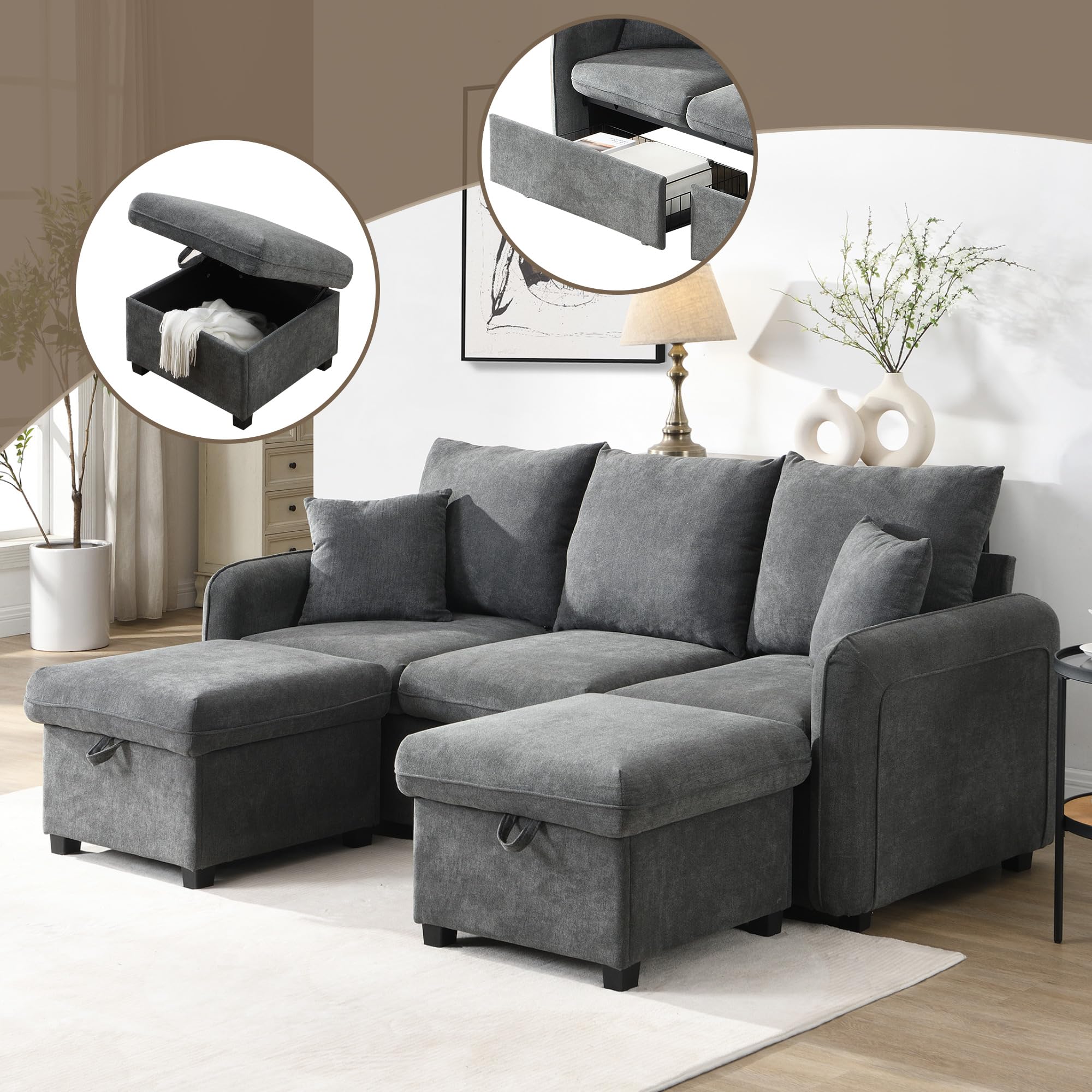 Sofa tapicerowana z miejscem do przechowywania – łącznie z szufladami + taboretem ze schowkiem, modułowo rozkładana sofa narożna, materiał sztruksowy (ciemny szary)
