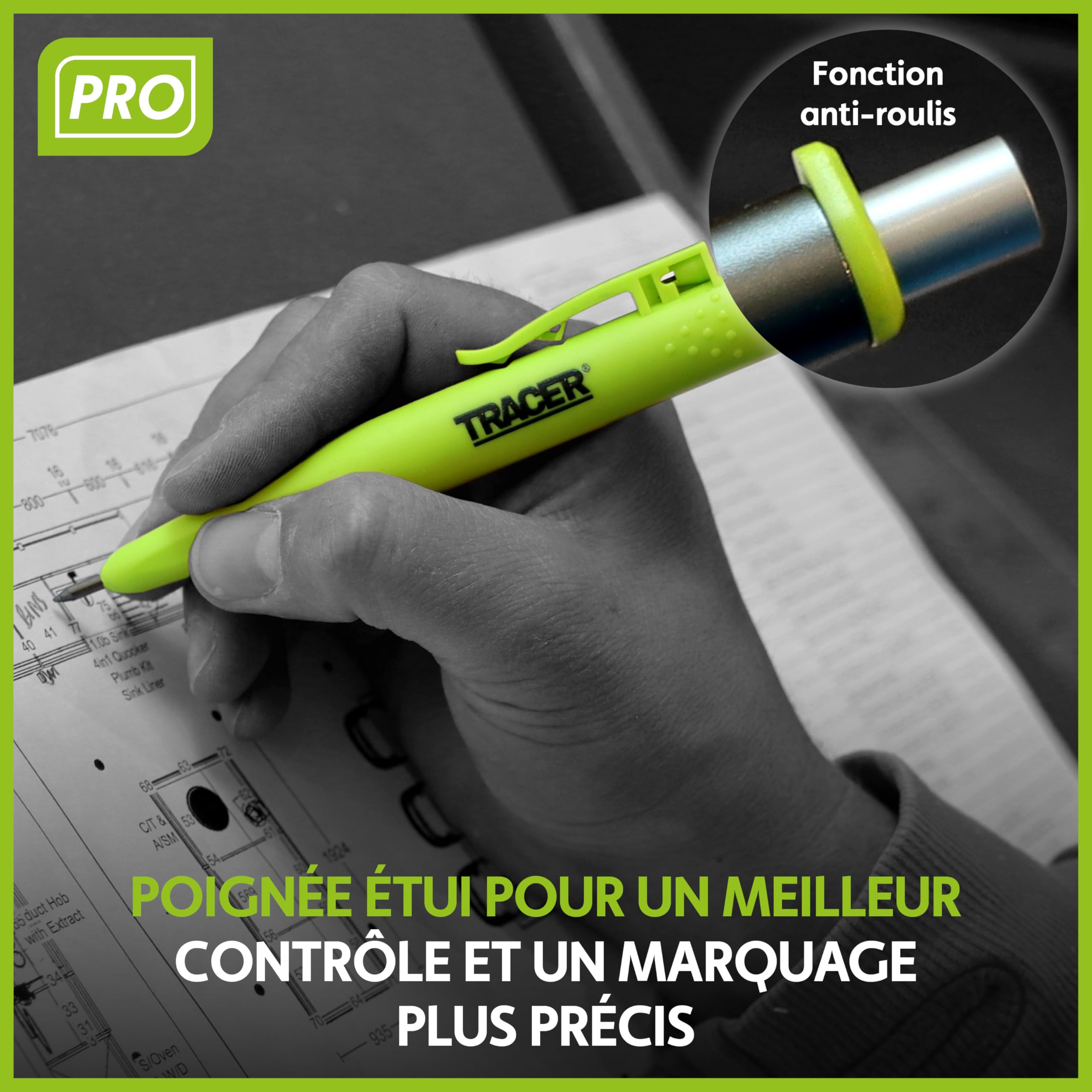 Tracer Pro Series Crayon de construction à trous profonds en aluminium avec 6 paquets de mines de rechange et étuis de chantier