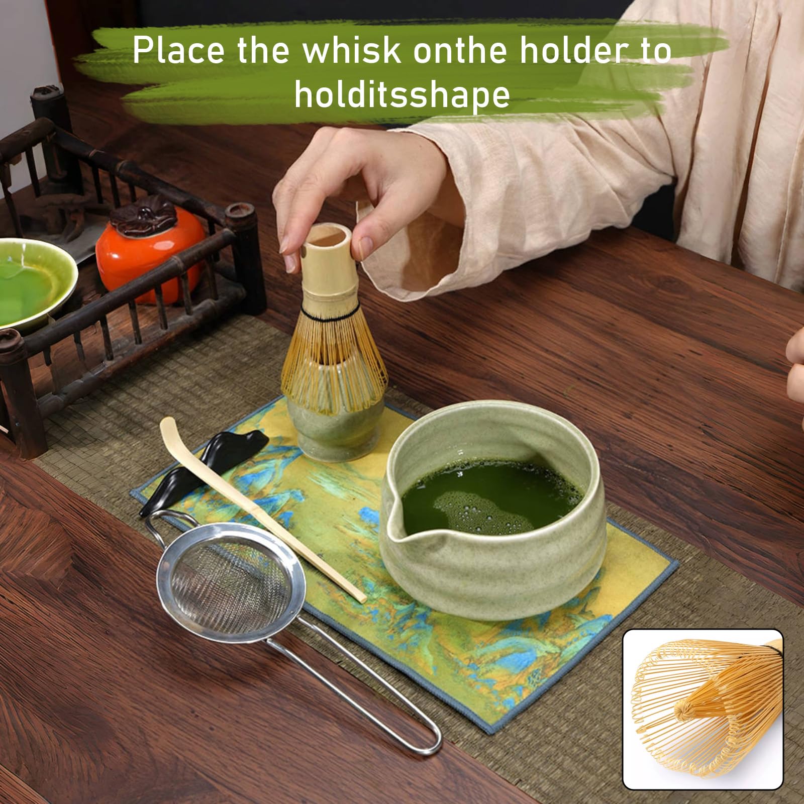 6-teiliges Japanisches Matcha Set, Matcha-Schale mit Ausgießer, Matcha-Besen Filtersieb Löffel Besenhalter & mehr, Stilvolles Tee-Set für Einsteiger & Matcha-Liebhaber (Matcha)