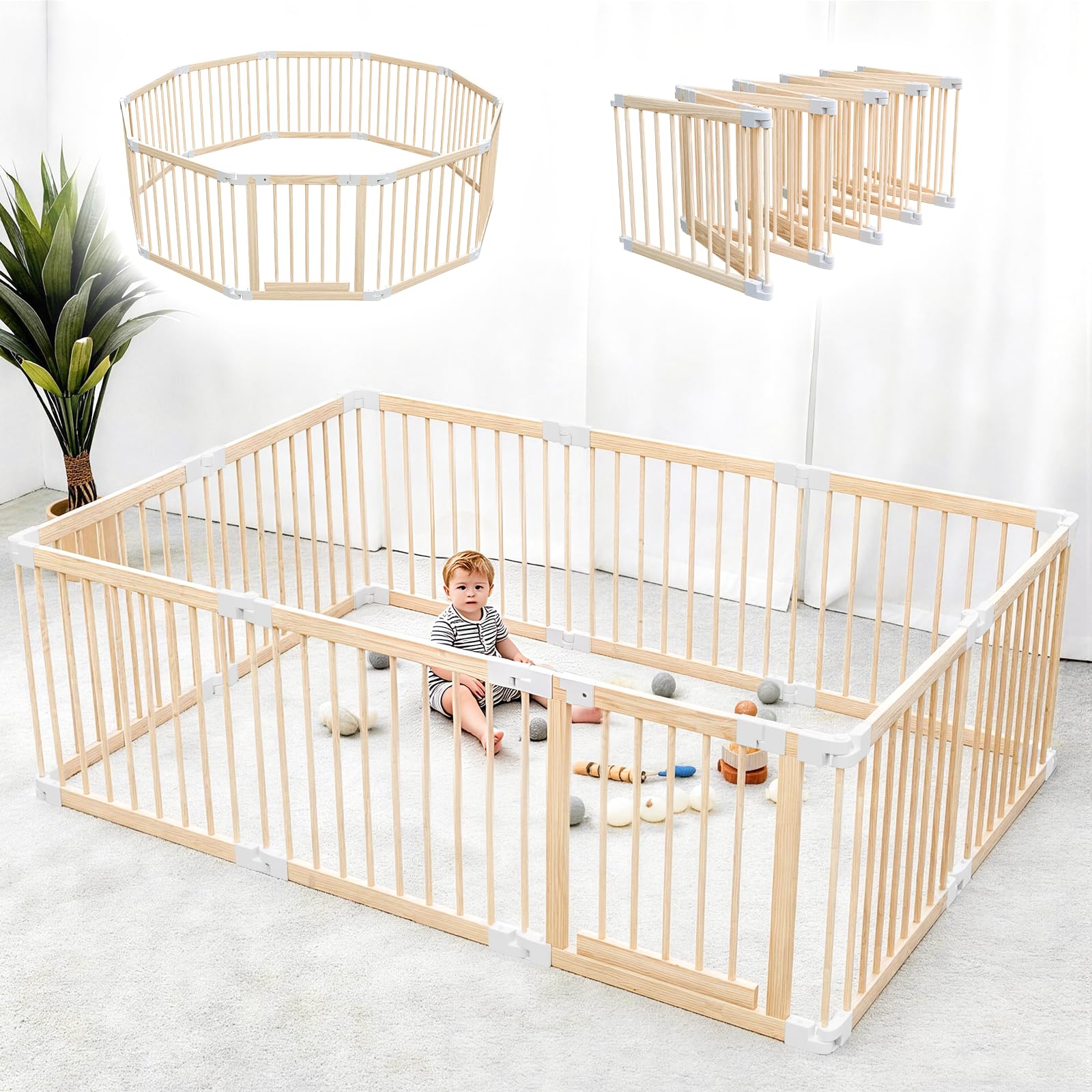 Laufstall Baby, Laufgitter Baby aus Holz, faltbar mit Tür & Sicherheitsverschluss, individuell formbarer Krabbelgitter Absperrgitter für Babys & Kleinkinder(214 * 141 * 61cm)