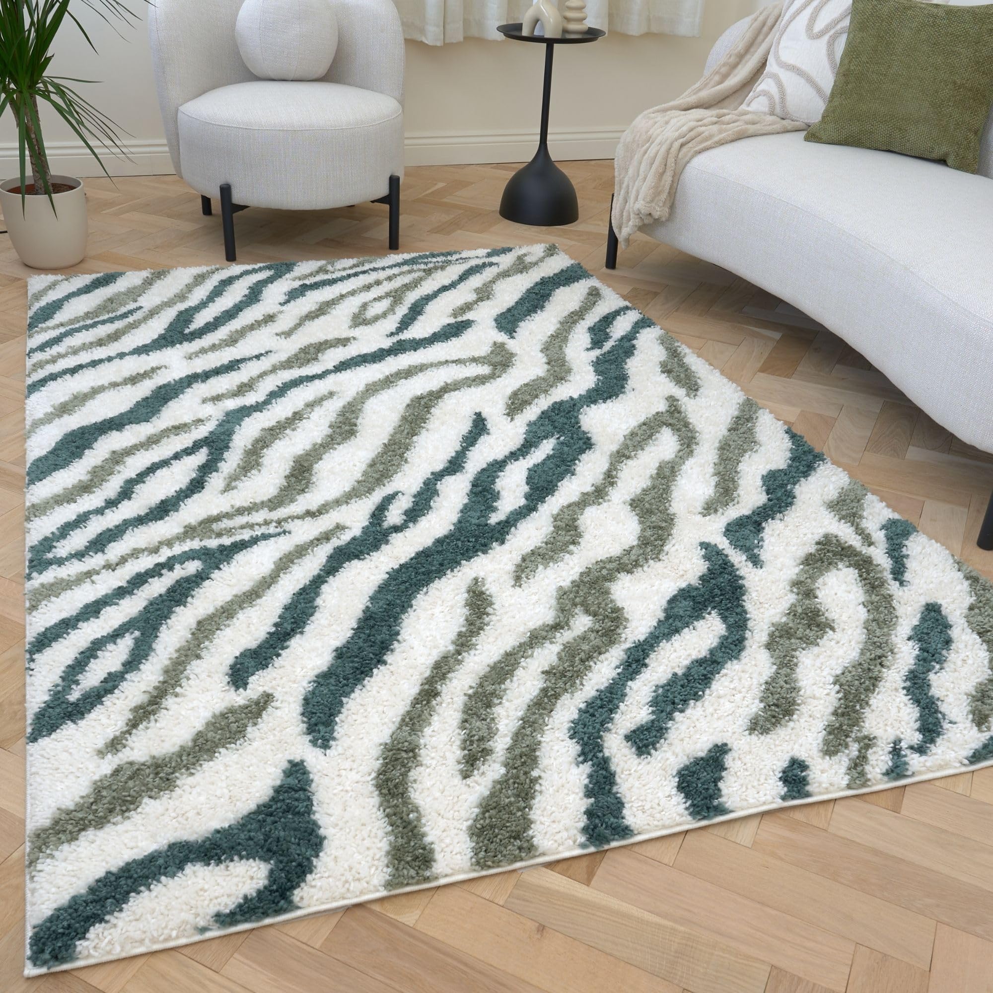 THE RUGS Moodi Abstract Design Shaggy Soft High Pile Living Room Rug & Runner in Green | Size: 120cm x 170cm