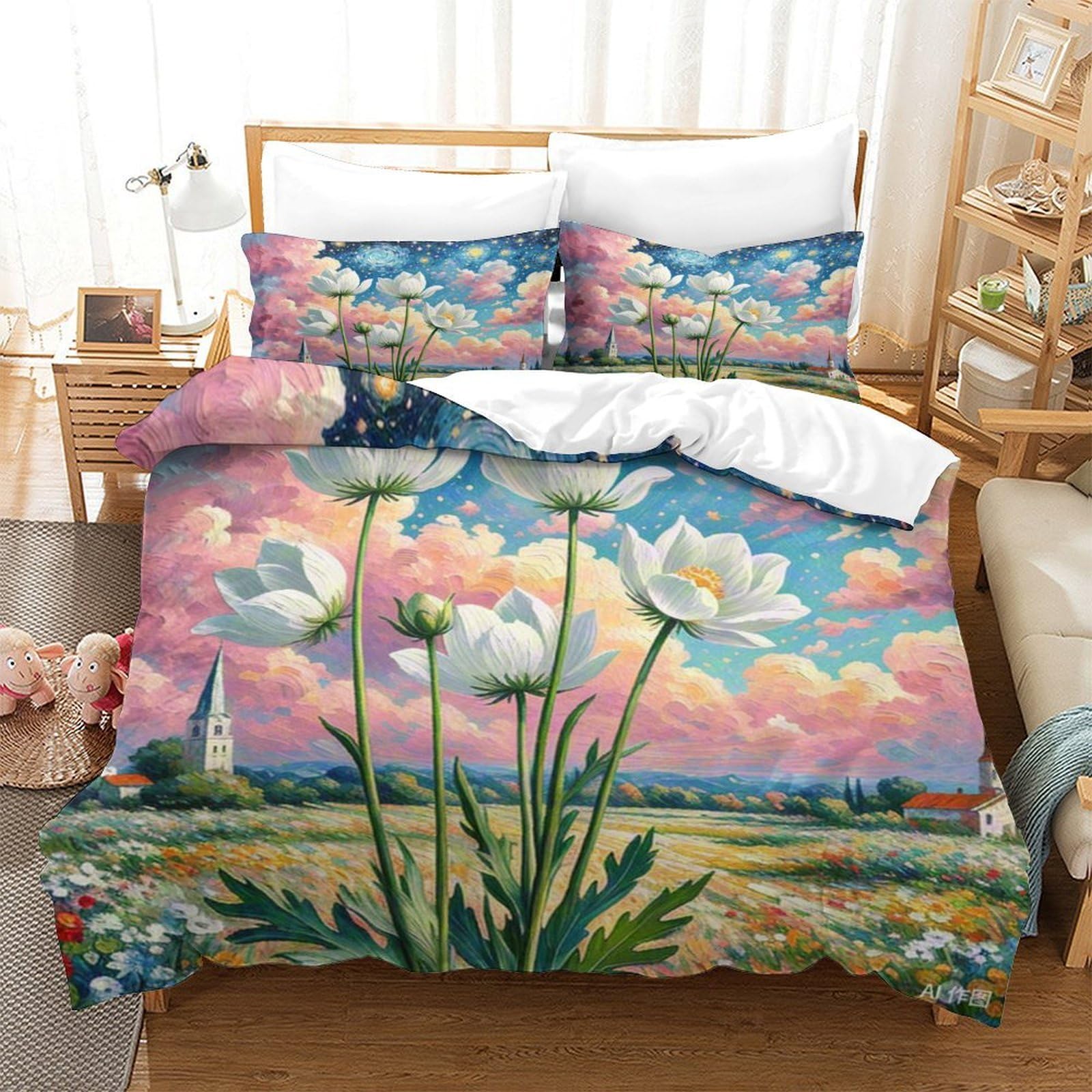 Linge de lit enfant motif Anémone 3D pour lit simple 140x200 cm