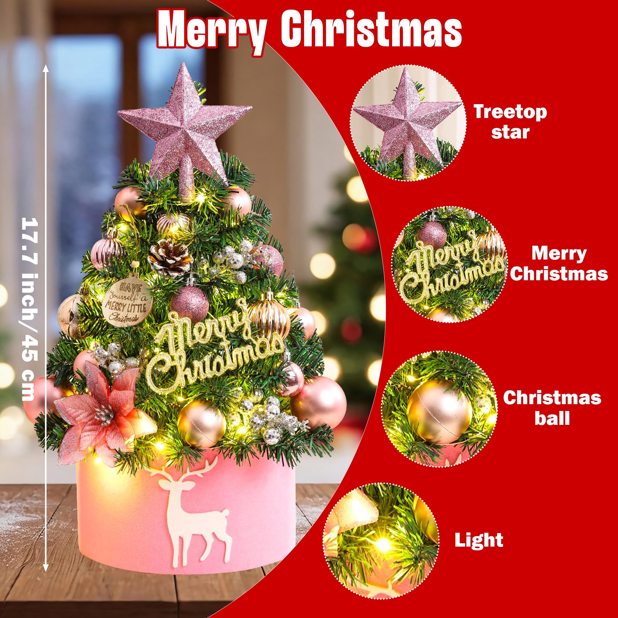 Mini Weihnachtsbaum mit Lichtern 45 cm Weihnachtskugeln Kugelschmuck Kleiner Weihnachtsbaum mit Stern als Baumspitze, Tannenzapfen für Weihnachten Büro, Esstischdekoration (Rosa)