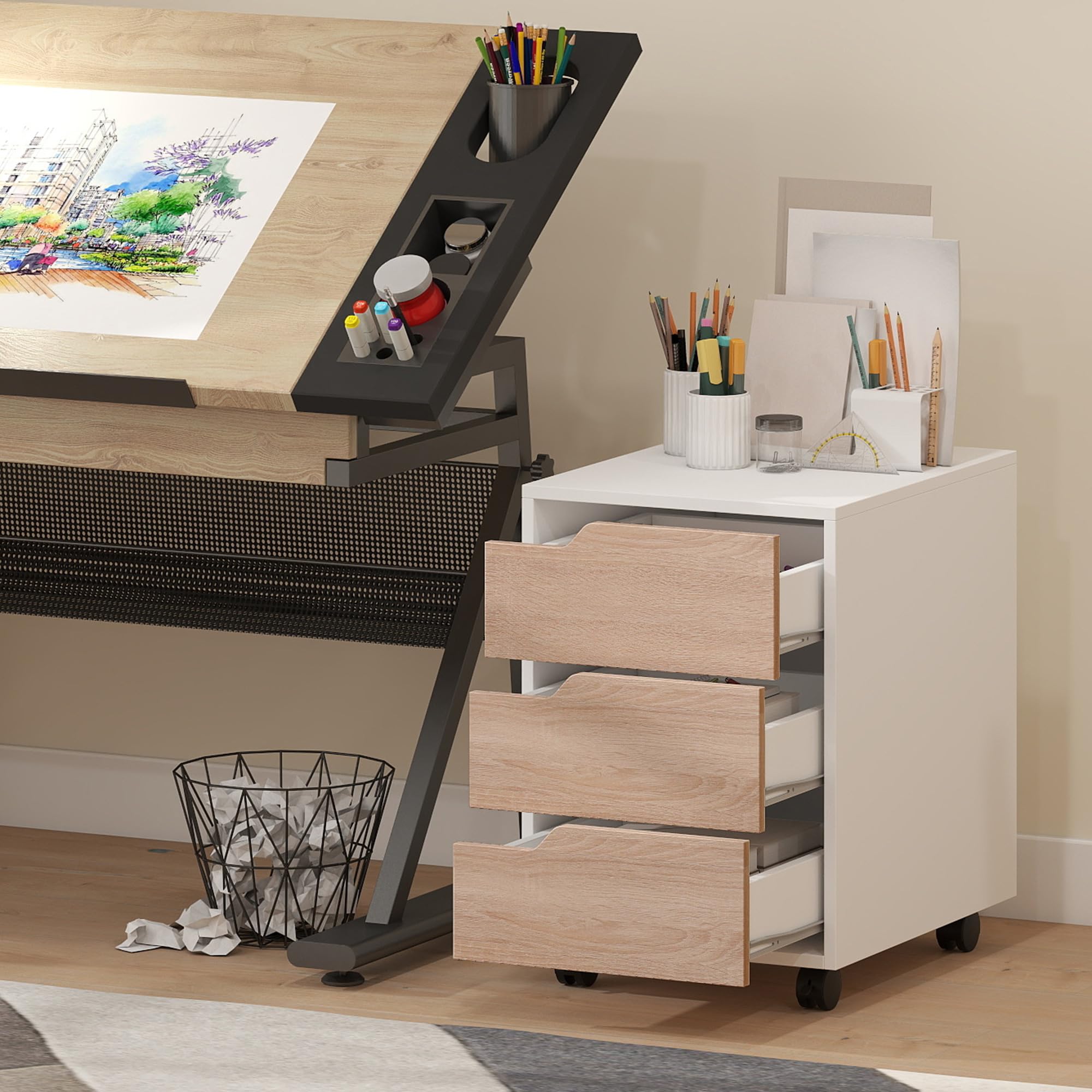 HOMCOM Cassettiera da Ufficio Portadocumenti a 3 Cassetti con Maniglie a Scomparsa, Armadietto da Ufficio a 4 Ruote in Legno e Metallo, 40x50x57.5 cm, Legno e Bianco