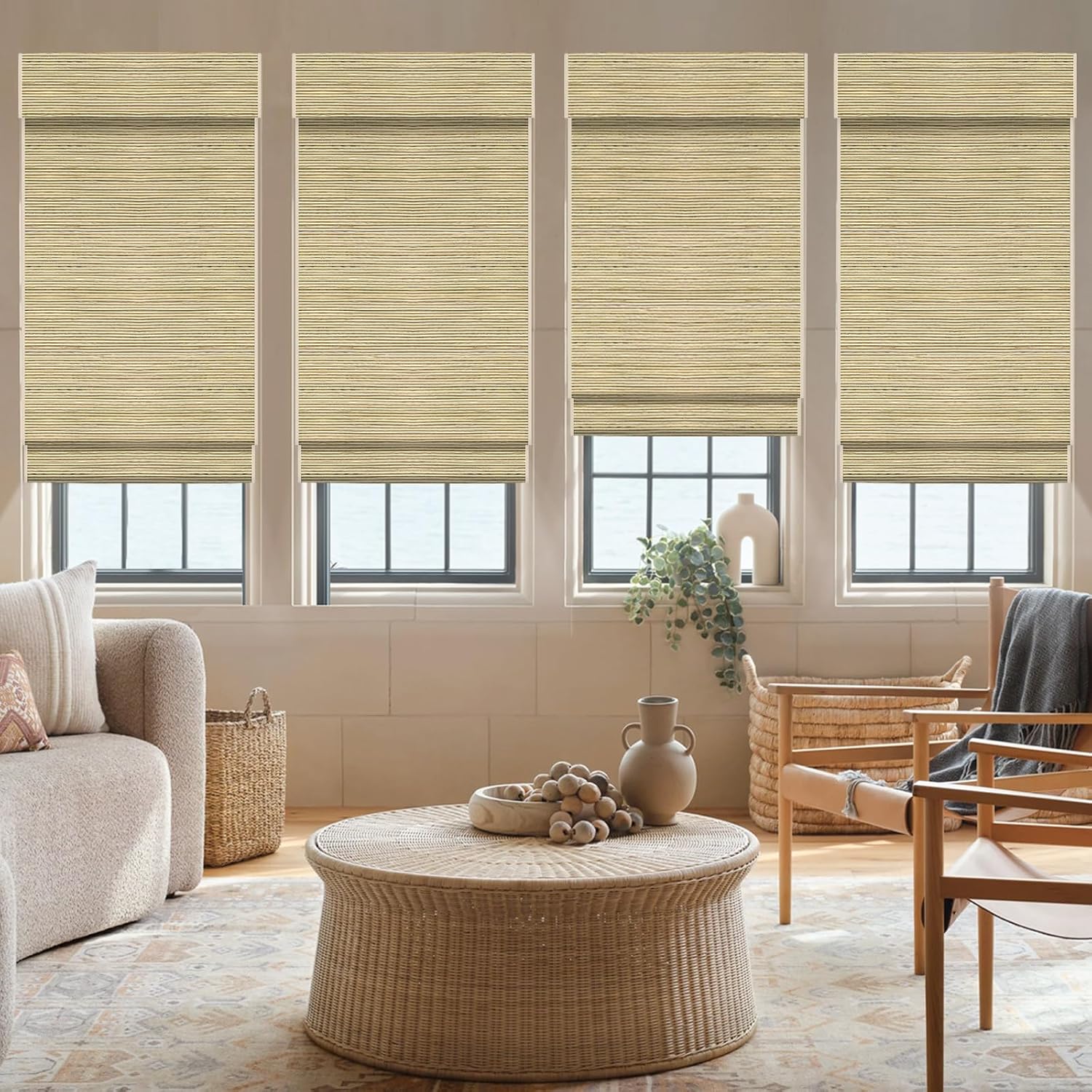 Motorized Roman Woven Woods Shades 100% Blackout Work with HomeKit, Alexa,Google, Remote Control Natural Bamboo Blinds Electric Roman Blinds Custom Size,Crocheting Yellow