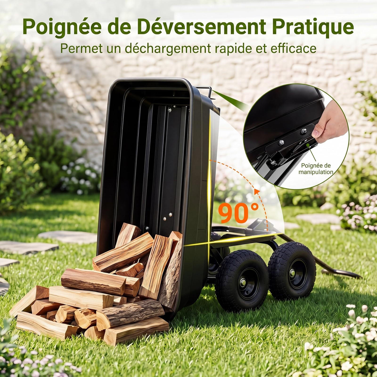 COSTWAY Chariot de Jardin avec Benne Basculante 75 L, Brouette de Transport avec Poignée Réglable 4 Grandes Roues Tout-Terrain Cadre Métallique, Charge 300 kg, pour Terrasse Camping Shopping