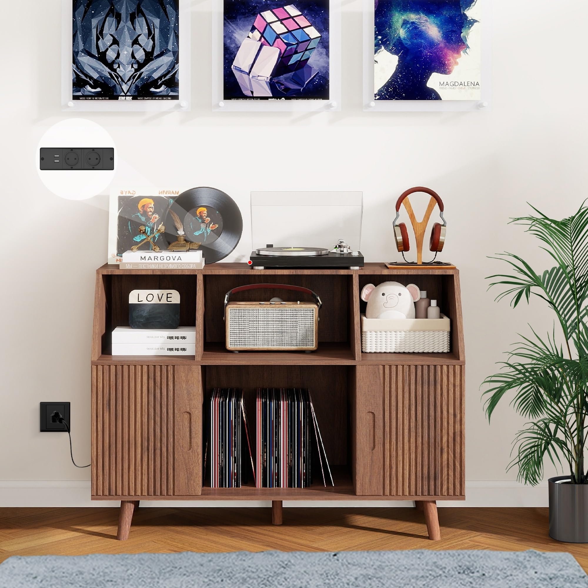 Meuble Platine Vinyle avec Rangement Bois, Meuble de Rangement Vinyle et Tourne Disque, Grande Table Tourne-Disque, Jusqu’à 350 Rétro pour Salon, Chambre ou Bureau