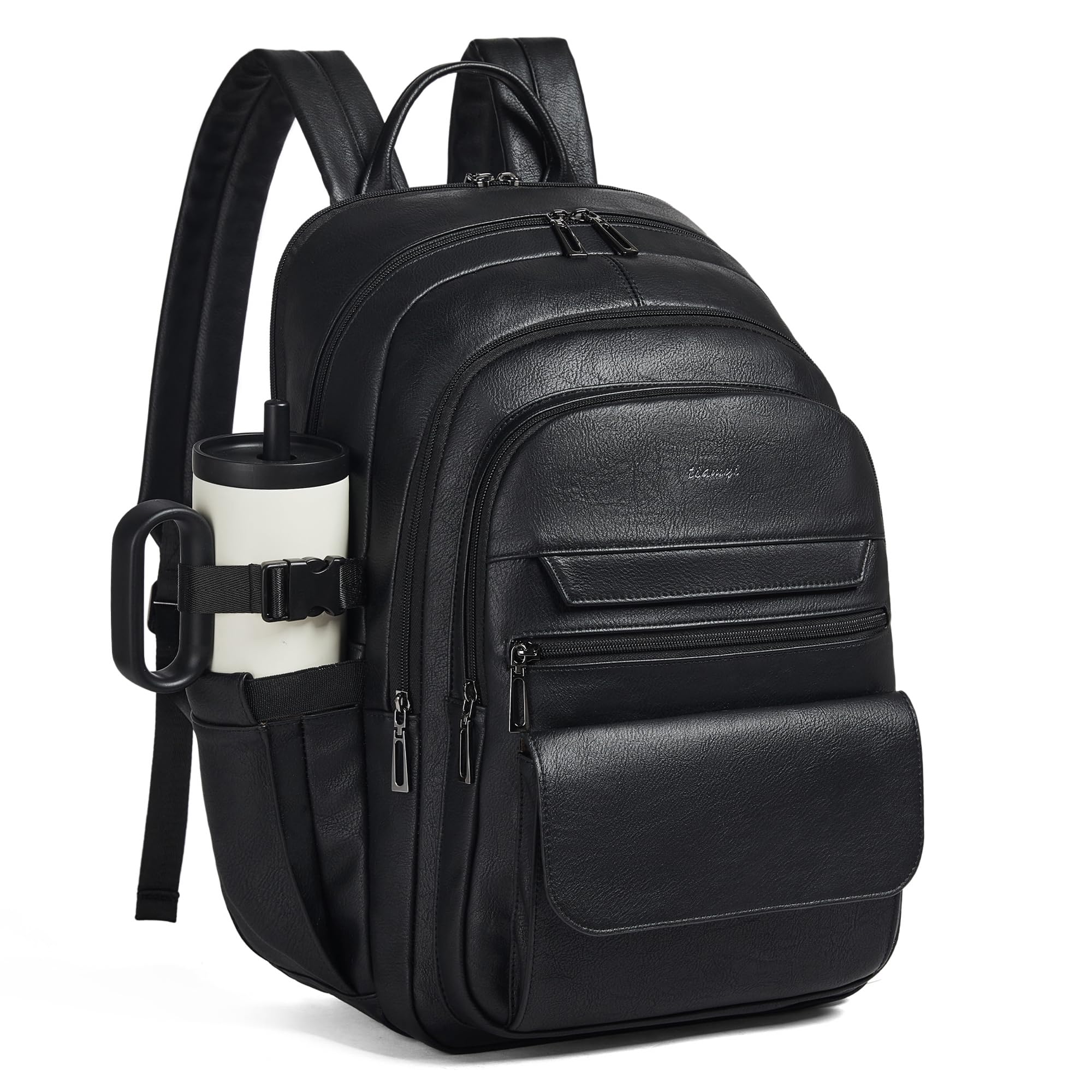 Zaino in pelle vegana, zaino da viaggio TSA per uomo e donna, adatto per notebook da 17 pollici, con tracolla per bagagli e porta USB, nero