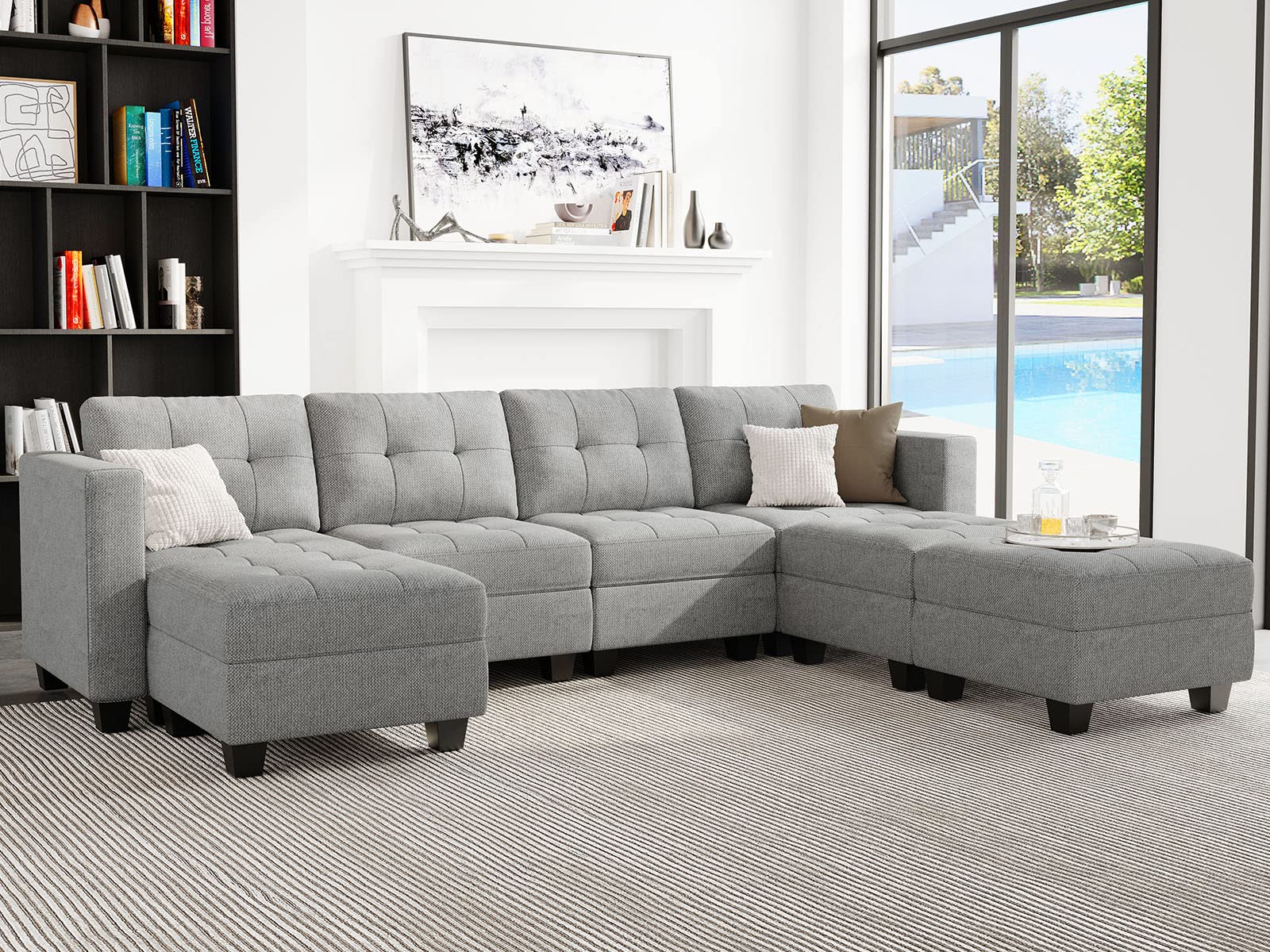 Belffin Modular Storage U-Shape Sectional Sofa Couch with Reversible Chaises 7-seat Sofa with Storage Seat Modular Sectional Sofa Set with Ottomans Modern Fabric Light Grey