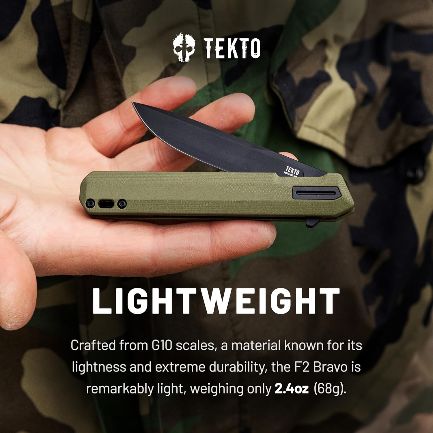 TEKTO F2 Bravo Folding Pocket Knife - D2 Steel Blade, Ceramic Ball Bearings - EDC - Snap, Swift Flip for Camping, Backpacking - 2.4oz (68g), G10 OD Green Handle, Black Titanium Accents