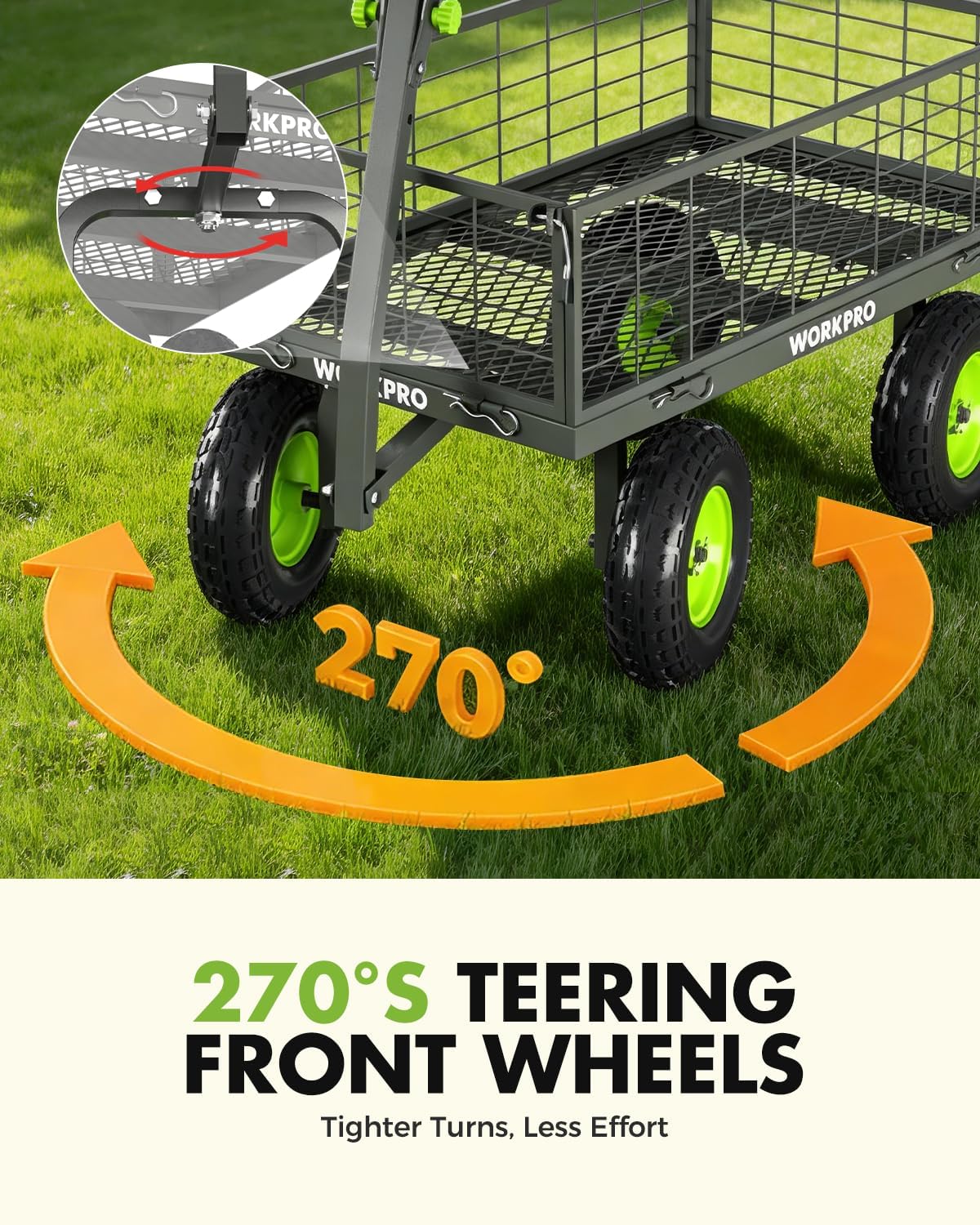 WORKPRO Large Heavy Duty Garden Cart 770 lb, 2-in-1 Convertible Utility Wagon with Removable Sides, 180° Tow Handle for ATV or Lawn Tractor, 270° Steering, Extra Large Yard Cart with All Terrain Tires